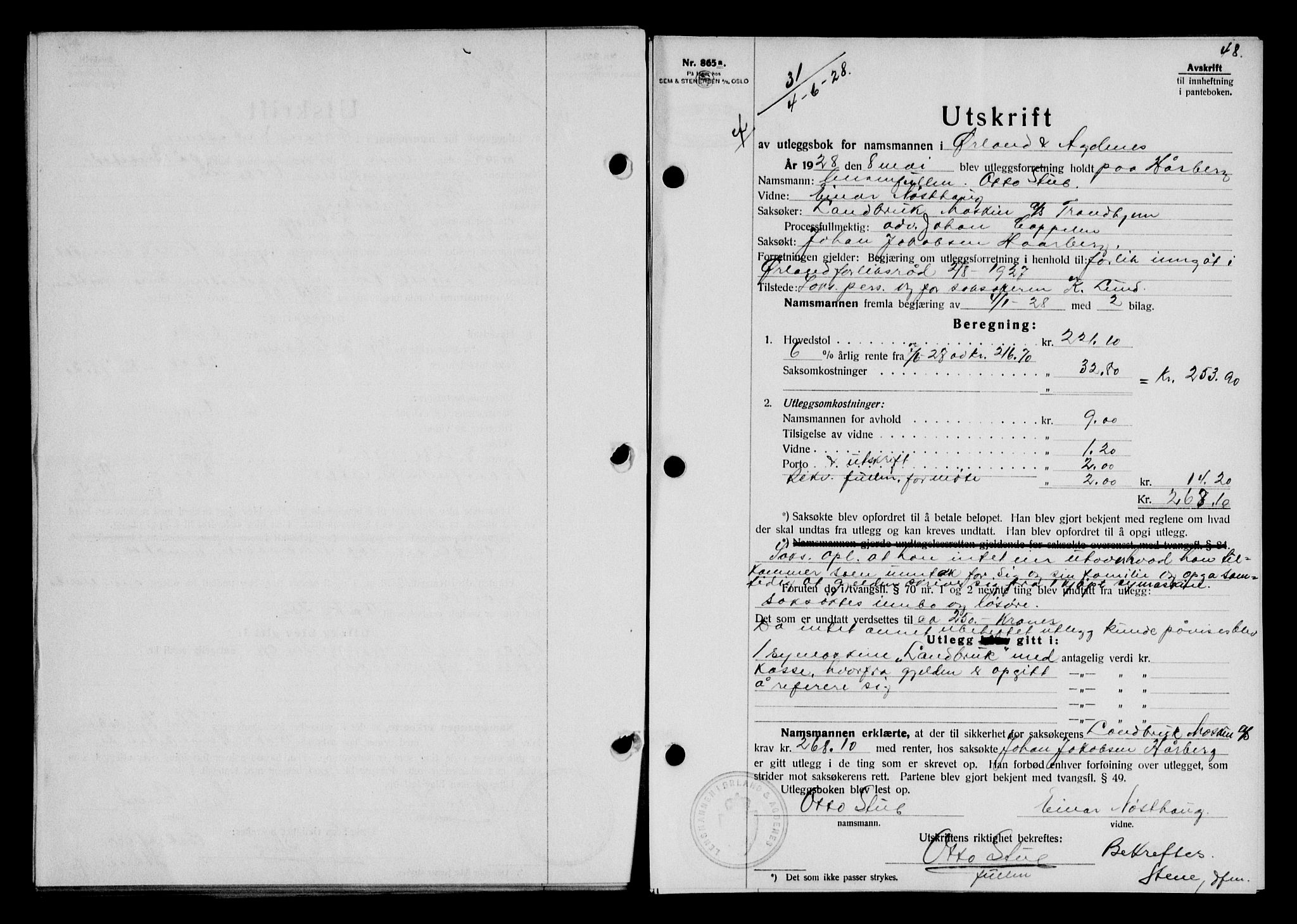 Fosen sorenskriveri, AV/SAT-A-1107/1/2/2C/L0067: Mortgage book no. 58, 1928-1929, p. 48, Deed date: 04.06.1928