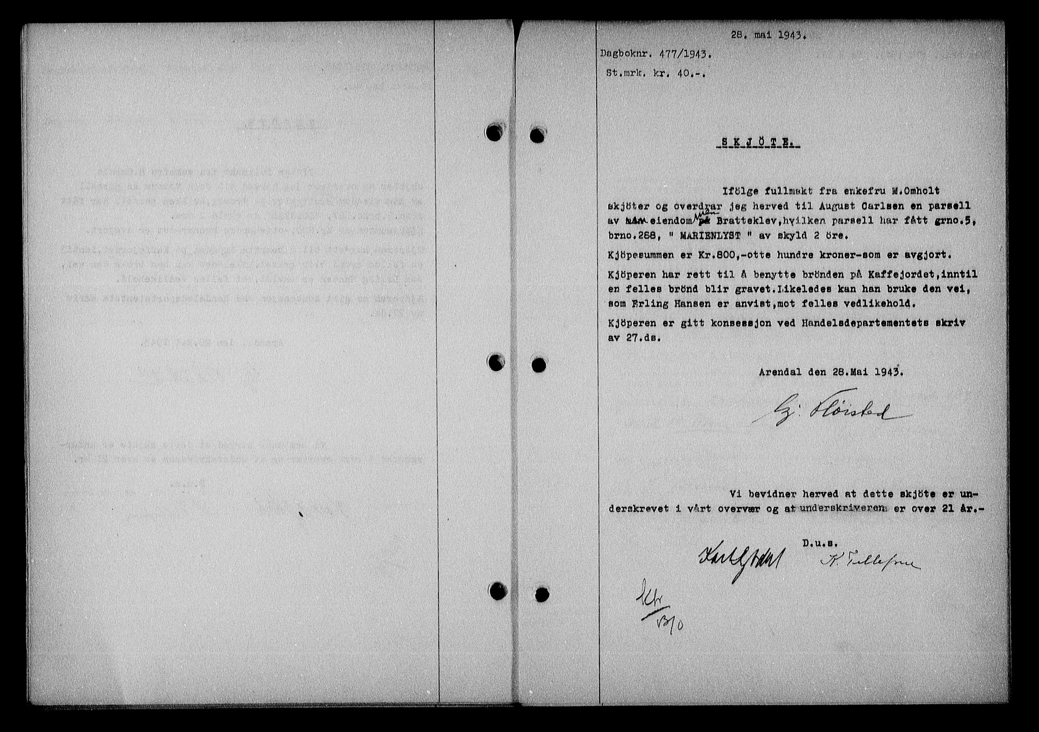 Nedenes sorenskriveri, AV/SAK-1221-0006/G/Gb/Gba/L0050: Mortgage book no. A-IV, 1942-1943, Diary no: : 477/1943