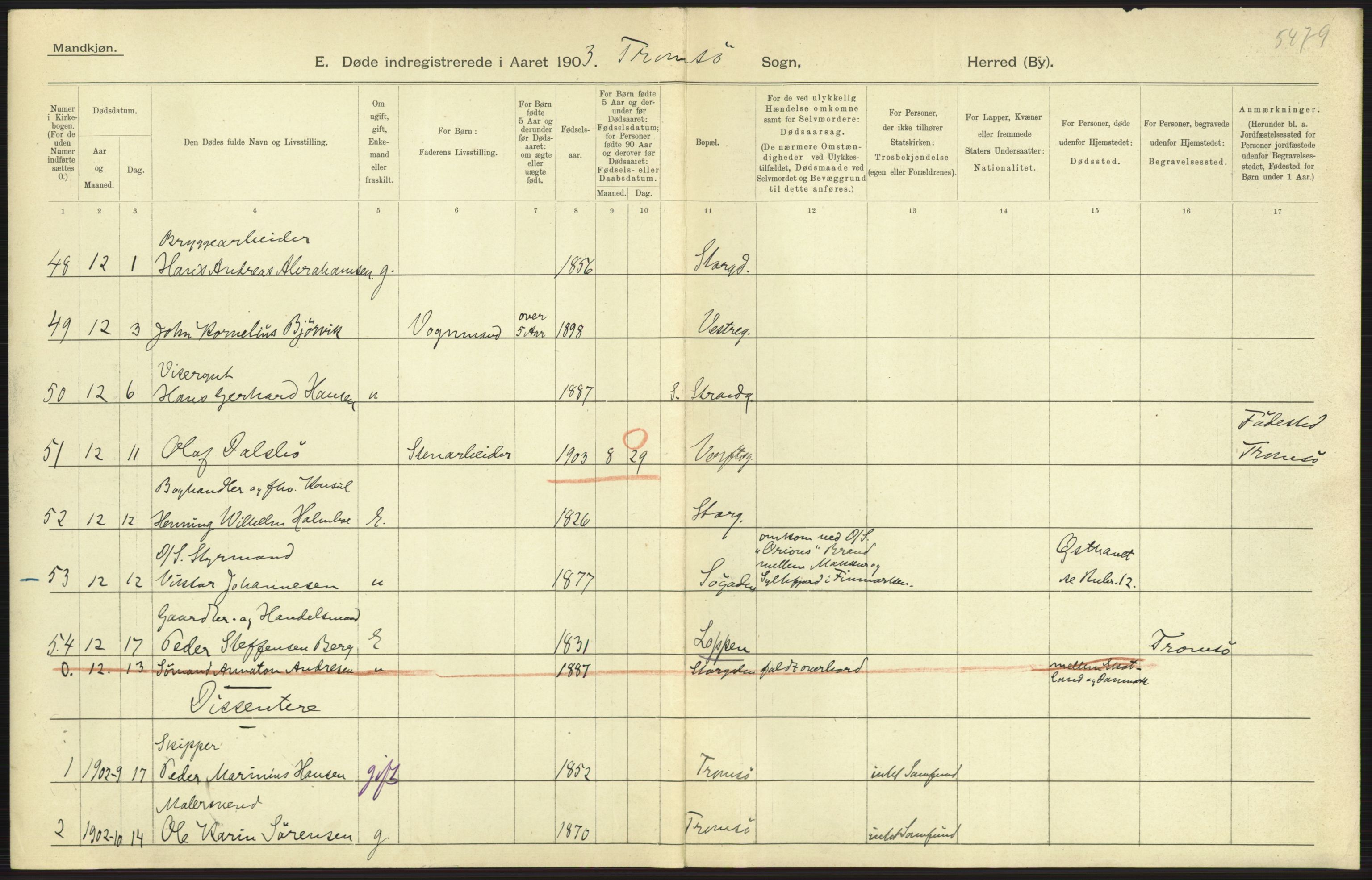 Statistisk sentralbyrå, Sosiodemografiske emner, Befolkning, AV/RA-S-2228/D/Df/Dfa/Dfaa/L0021: Tromsø amt: Fødte, gifte, døde., 1903, p. 529