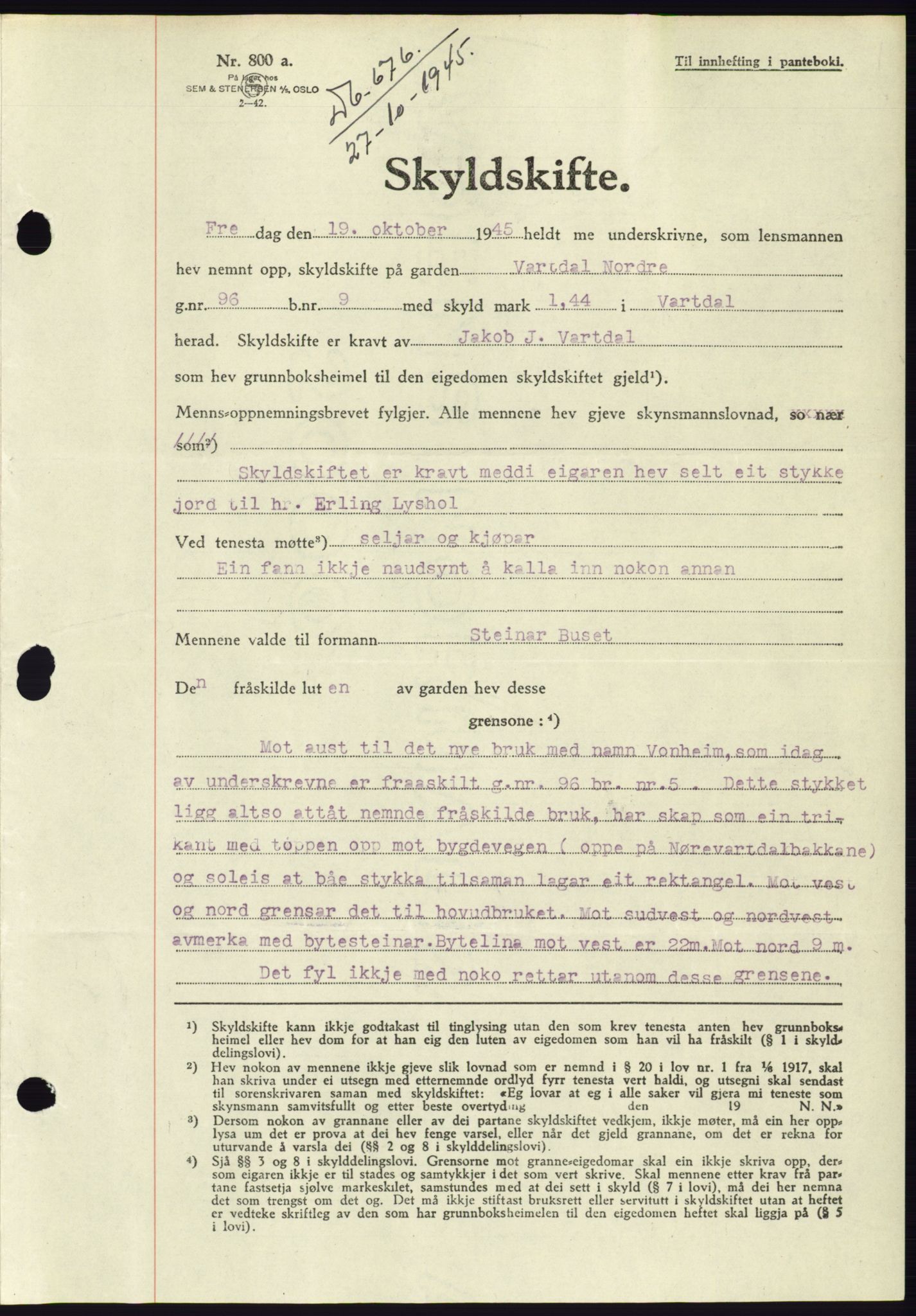 Søre Sunnmøre sorenskriveri, AV/SAT-A-4122/1/2/2C/L0077: Mortgage book no. 3A, 1945-1946, Diary no: : 676/1945