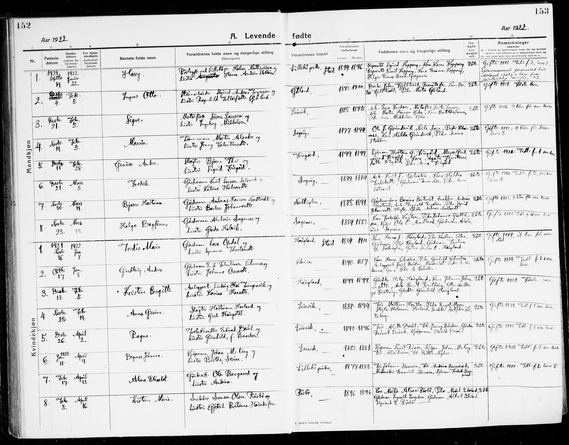 Stord sokneprestembete, SAB/A-78201/H/Haa: Parish register (official) no. B 3, 1913-1925, p. 152-153