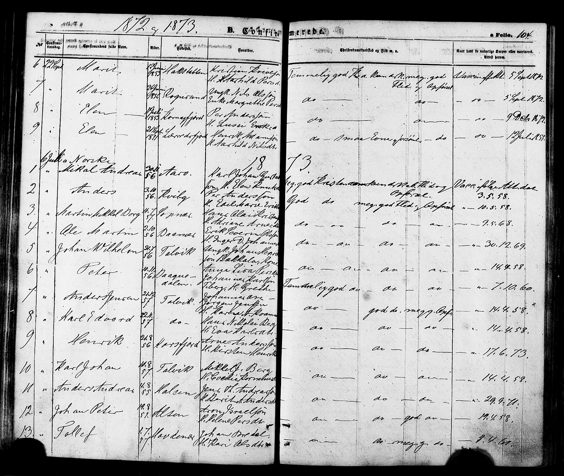 Talvik sokneprestkontor, AV/SATØ-S-1337/H/Ha/L0011kirke: Parish register (official) no. 11, 1864-1877, p. 104