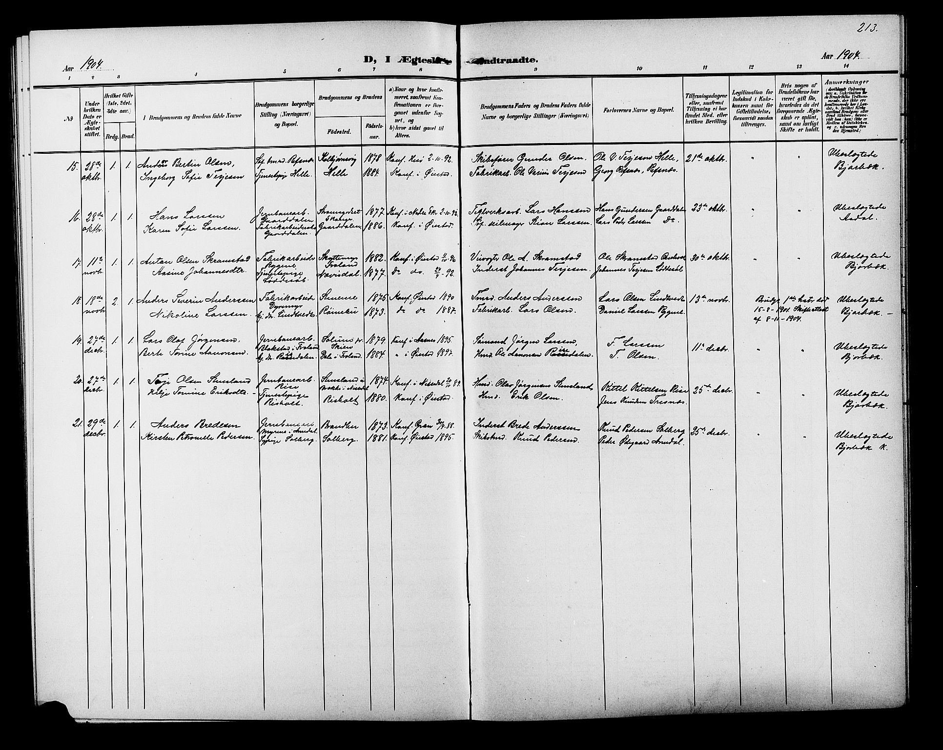 Øyestad sokneprestkontor, SAK/1111-0049/F/Fb/L0010: Parish register (copy) no. B 10, 1897-1906, p. 213