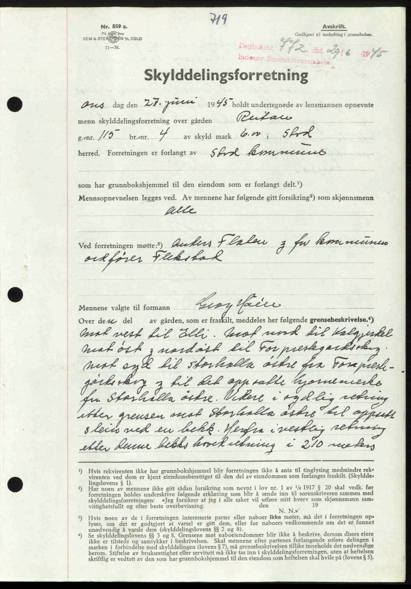 Inderøy sorenskriveri, AV/SAT-A-4147/1/2/2C: Mortgage book no. A 12, 1944-1945, p. 719, Diary no: : 772/1945