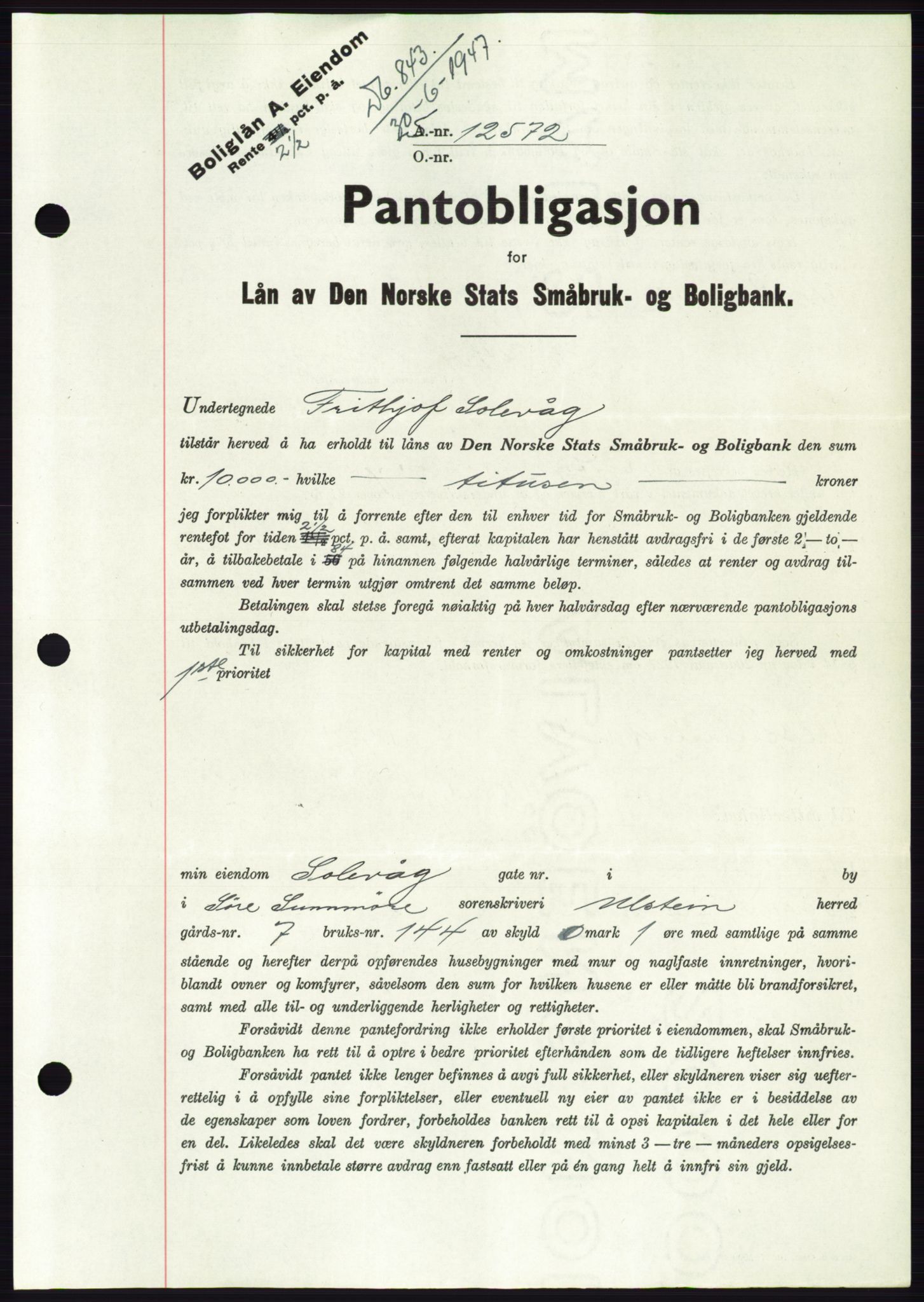 Søre Sunnmøre sorenskriveri, AV/SAT-A-4122/1/2/2C/L0115: Mortgage book no. 3B, 1947-1948, Diary no: : 843/1947