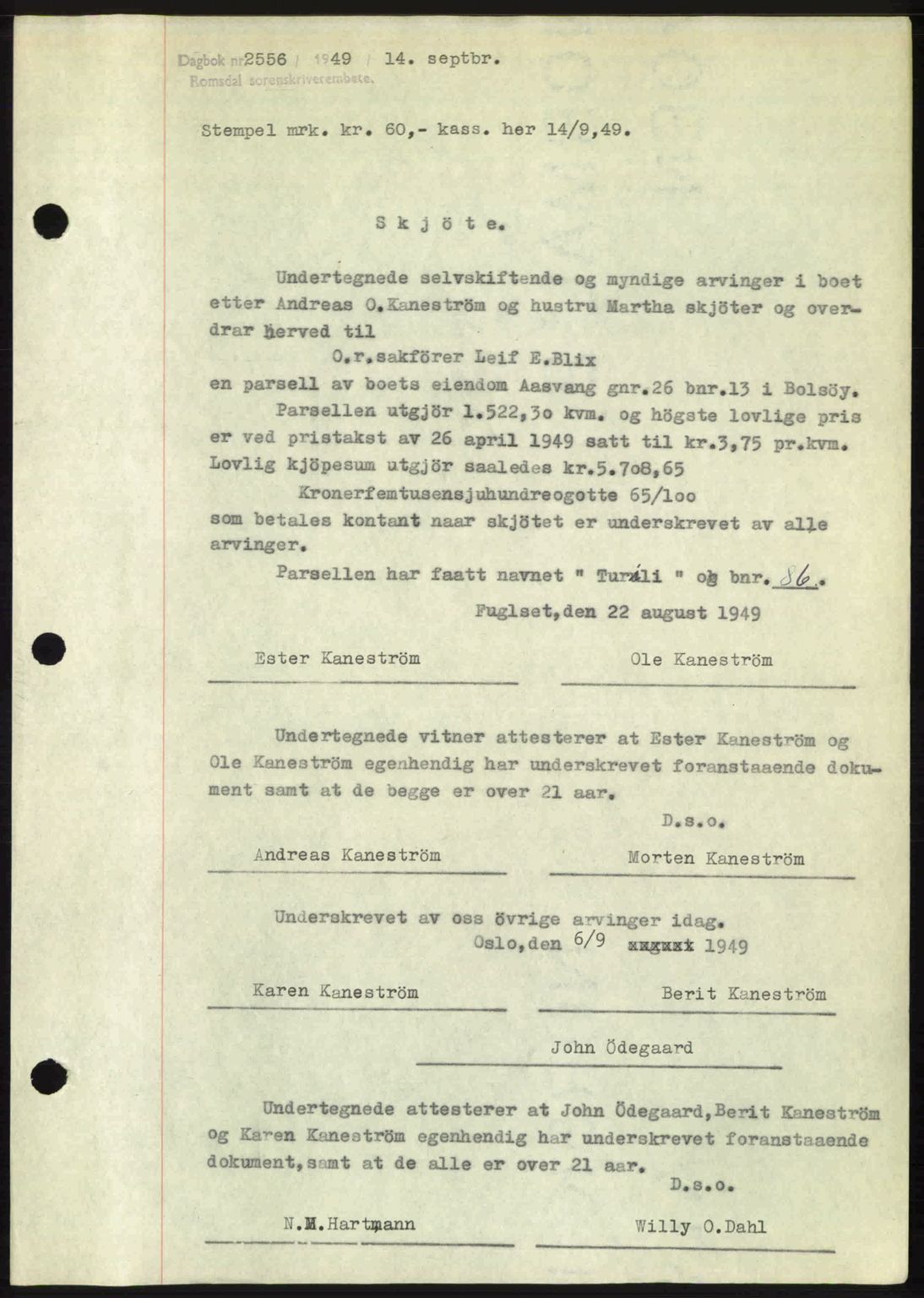 Romsdal sorenskriveri, AV/SAT-A-4149/1/2/2C: Mortgage book no. A30, 1949-1949, Diary no: : 2556/1949