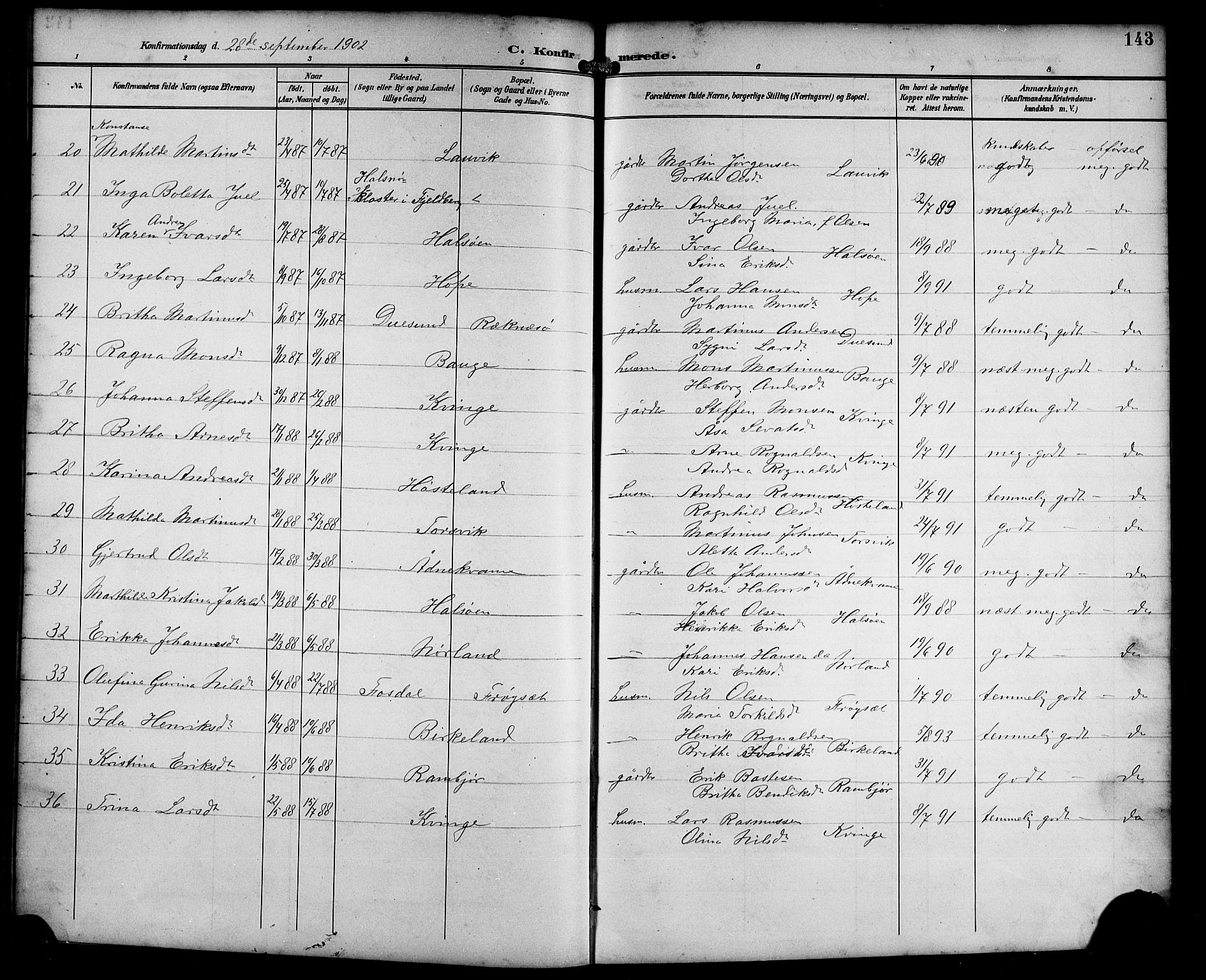 Masfjorden Sokneprestembete, SAB/A-77001: Parish register (copy) no. B 1, 1892-1913, p. 143
