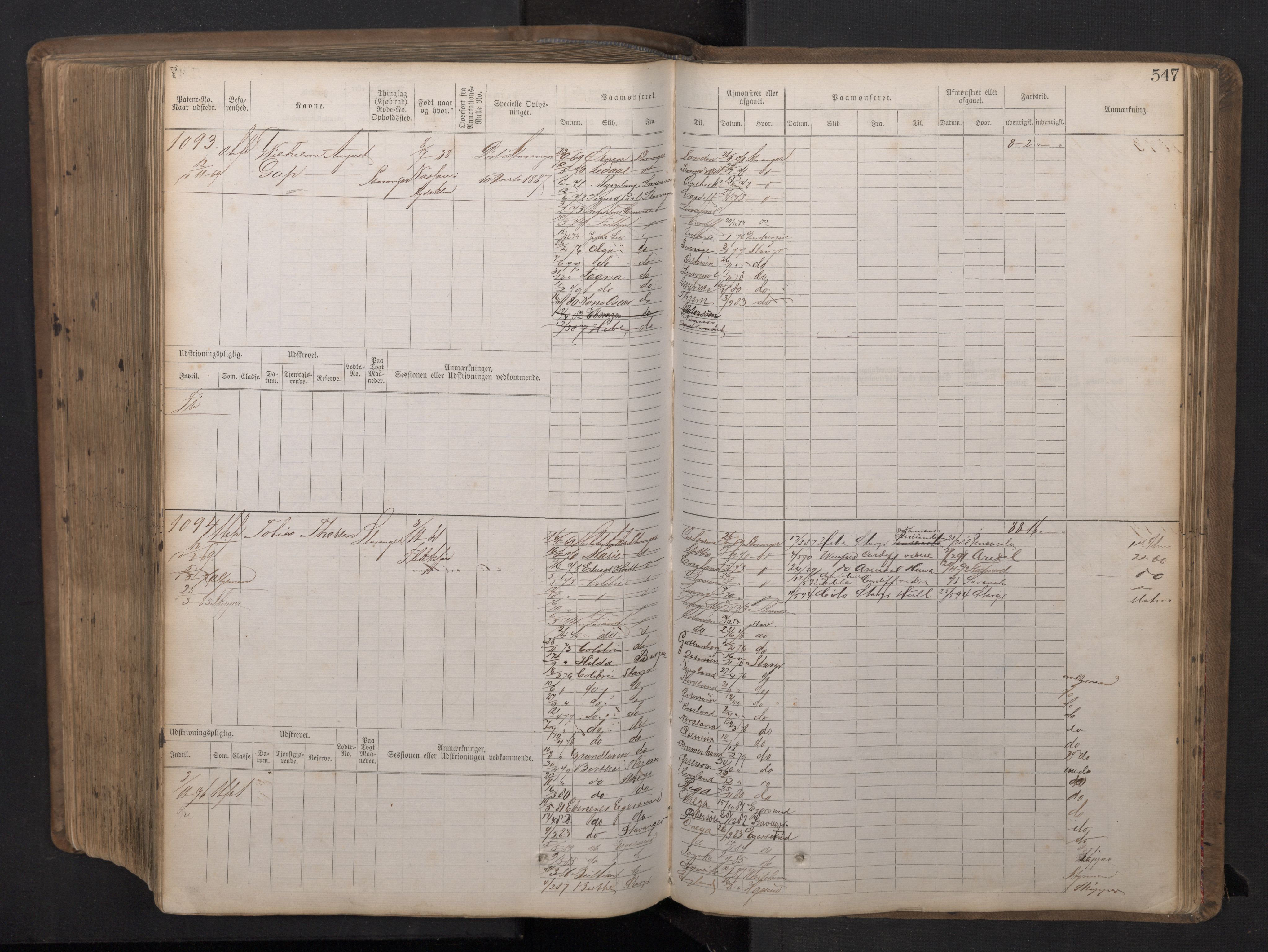 Stavanger sjømannskontor, SAST/A-102006/F/Fb/Fbb/L0016: Sjøfartshovedrulle patnentnr. 1-1202 (dublett), 1869, p. 547