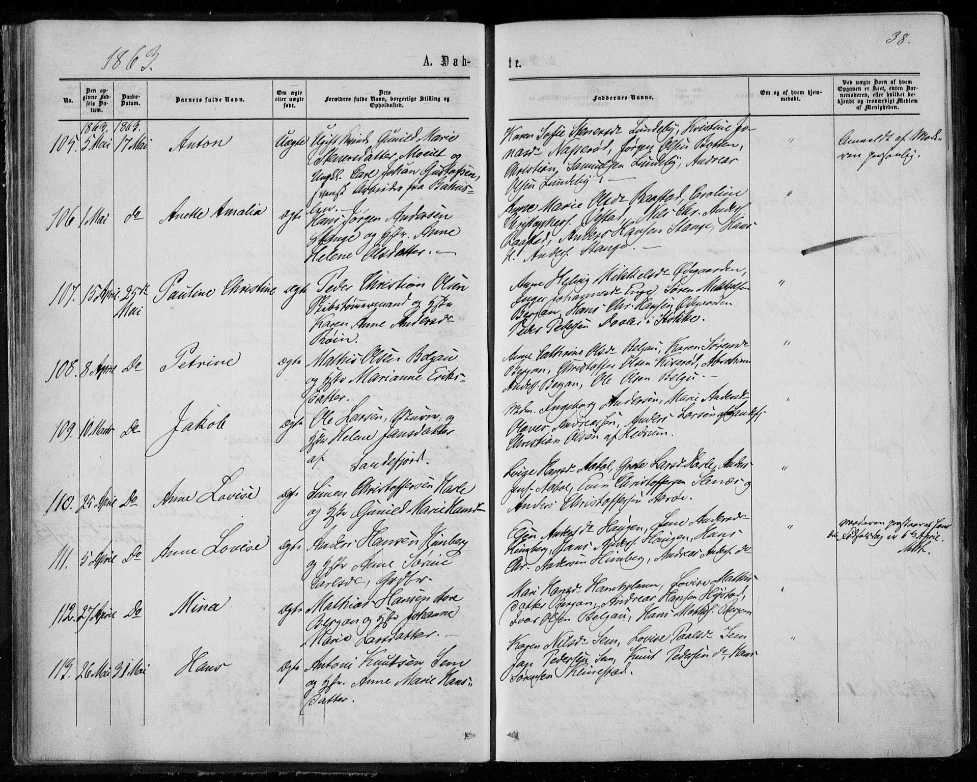 Sandar kirkebøker, SAKO/A-243/F/Fa/L0008: Parish register (official) no. 8, 1862-1871, p. 38