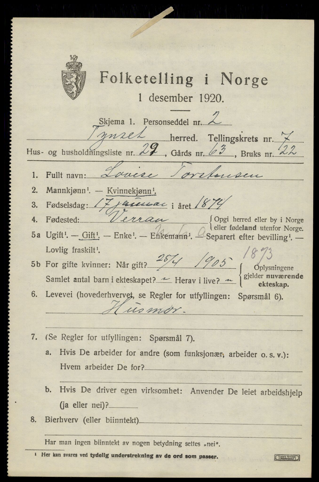 SAH, 1920 census for Tynset, 1920, p. 6496