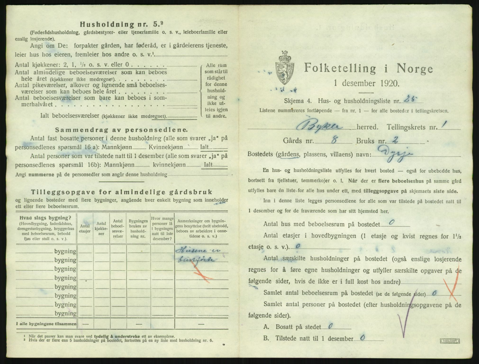 SAK, 1920 census for Bykle, 1920, p. 69