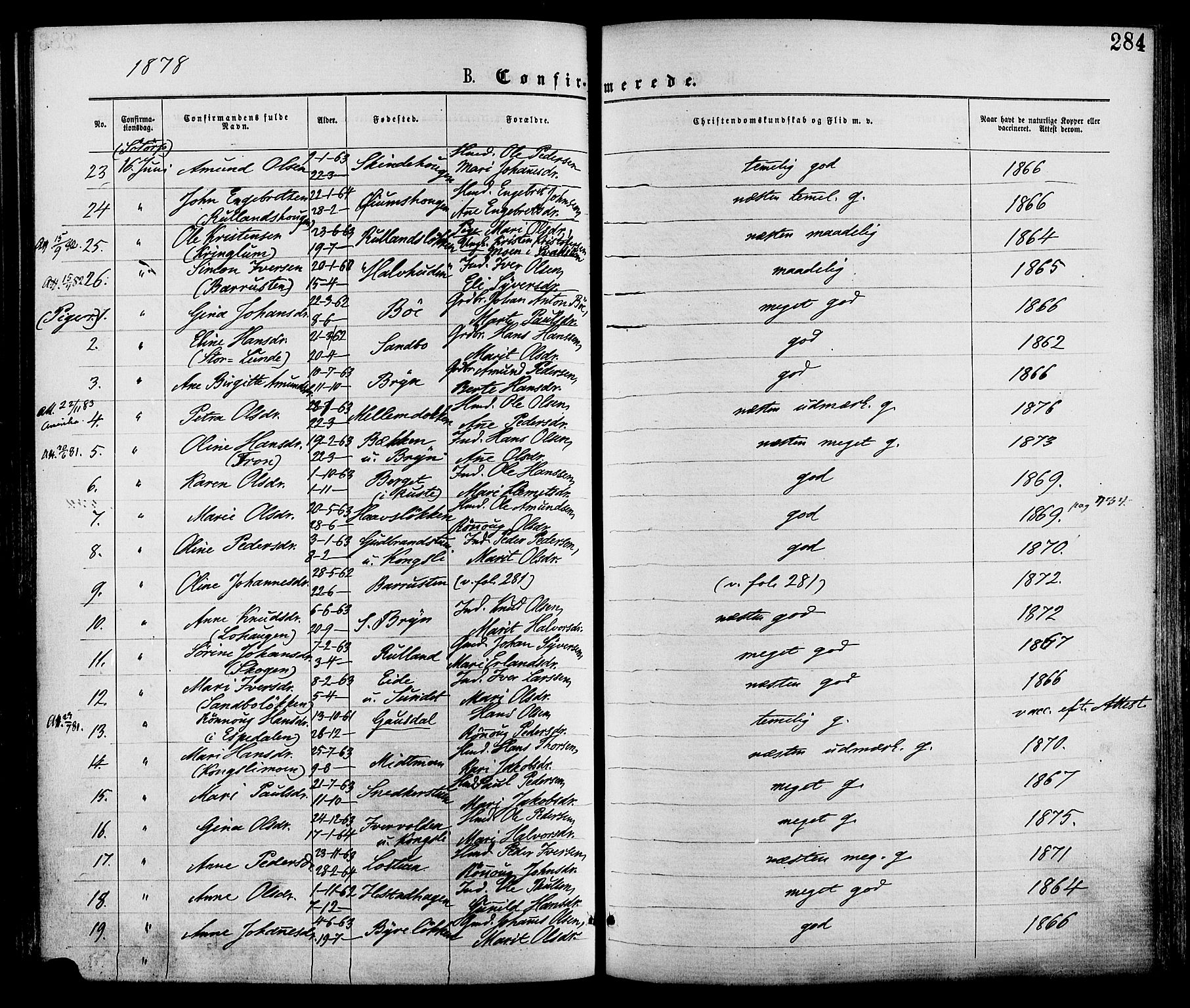 Nord-Fron prestekontor, AV/SAH-PREST-080/H/Ha/Haa/L0002: Parish register (official) no. 2, 1865-1883, p. 284