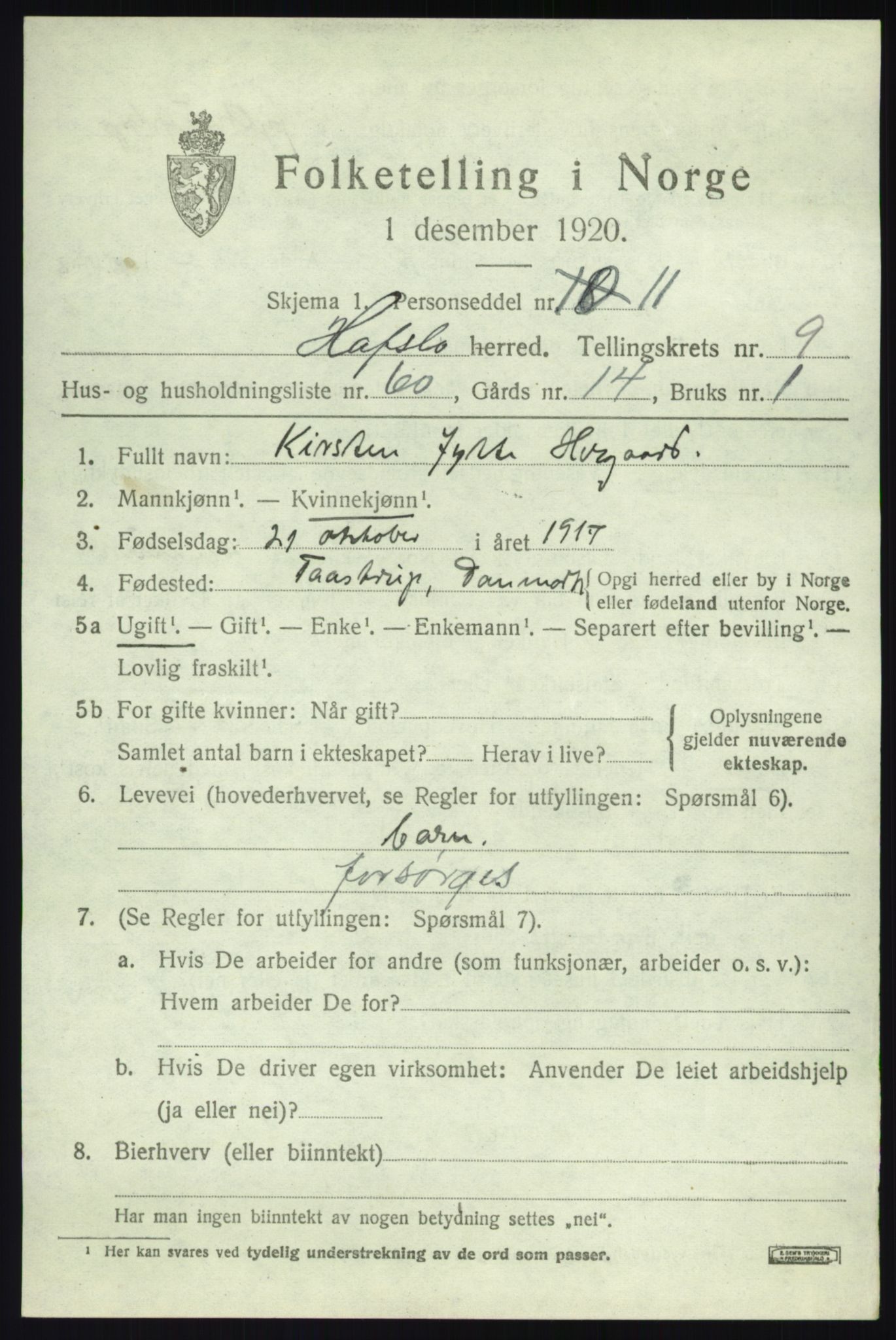SAB, 1920 census for Hafslo, 1920, p. 6896