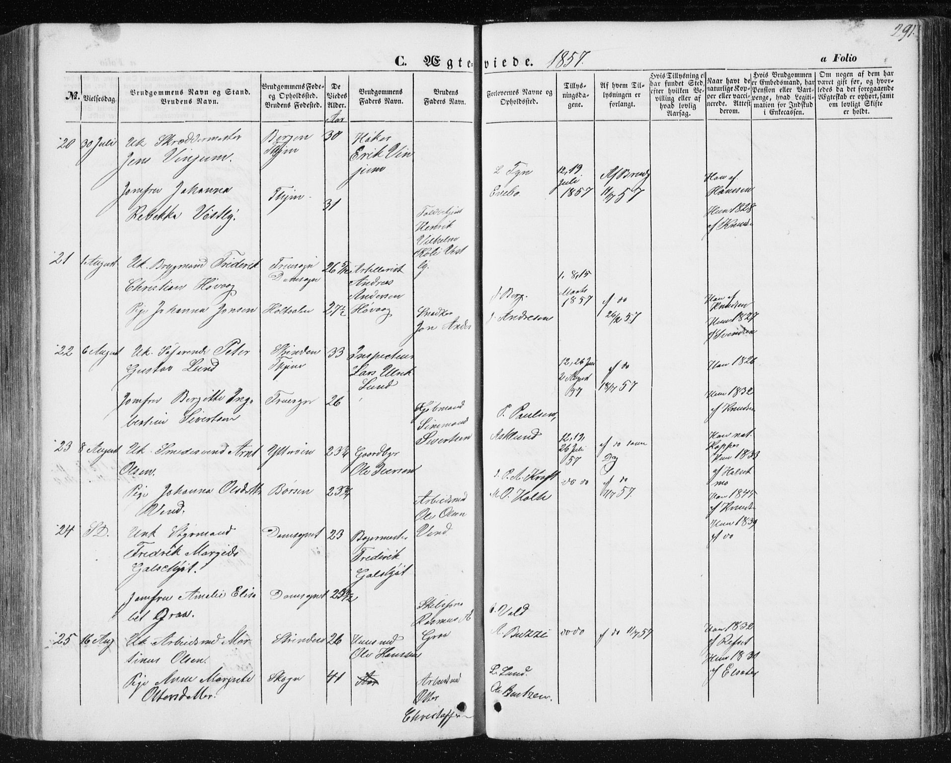 Ministerialprotokoller, klokkerbøker og fødselsregistre - Sør-Trøndelag, SAT/A-1456/602/L0112: Parish register (official) no. 602A10, 1848-1859, p. 291