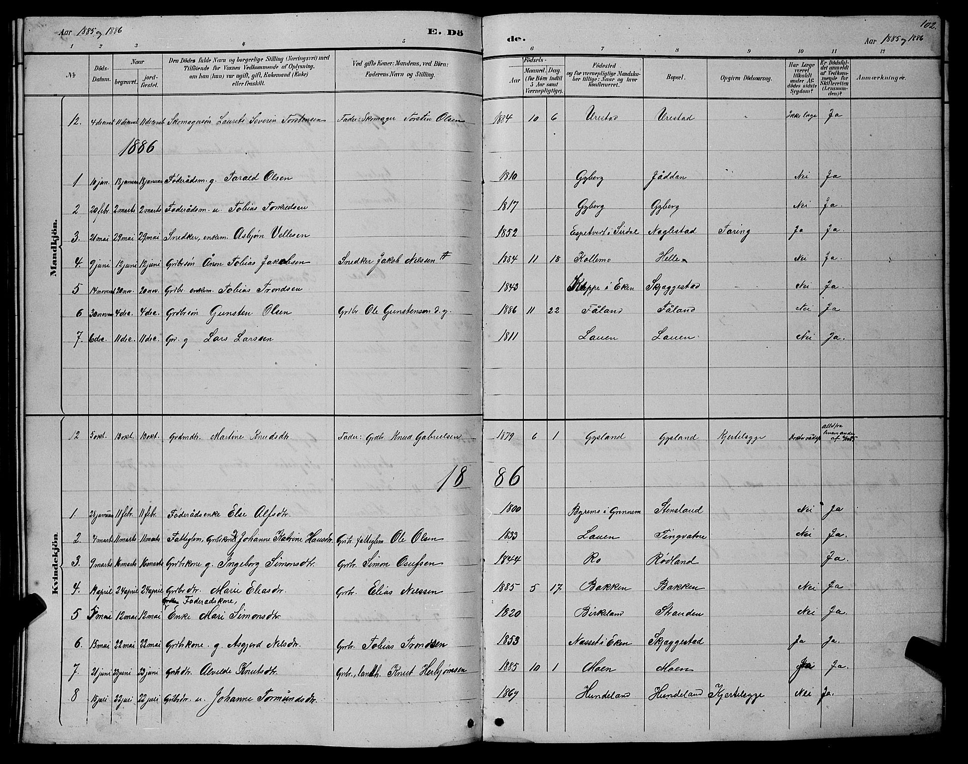 Hægebostad sokneprestkontor, SAK/1111-0024/F/Fb/Fba/L0003: Parish register (copy) no. B 3, 1883-1896, p. 102