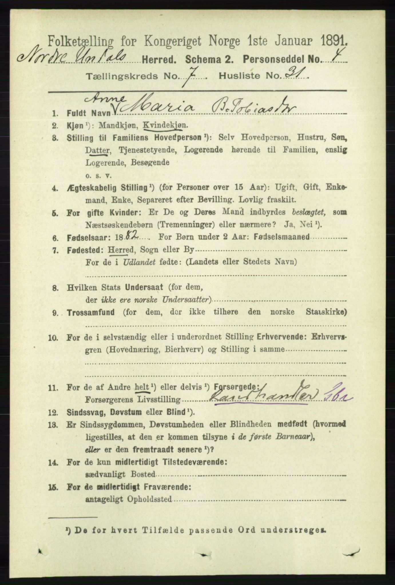 RA, 1891 census for 1028 Nord-Audnedal, 1891, p. 1975