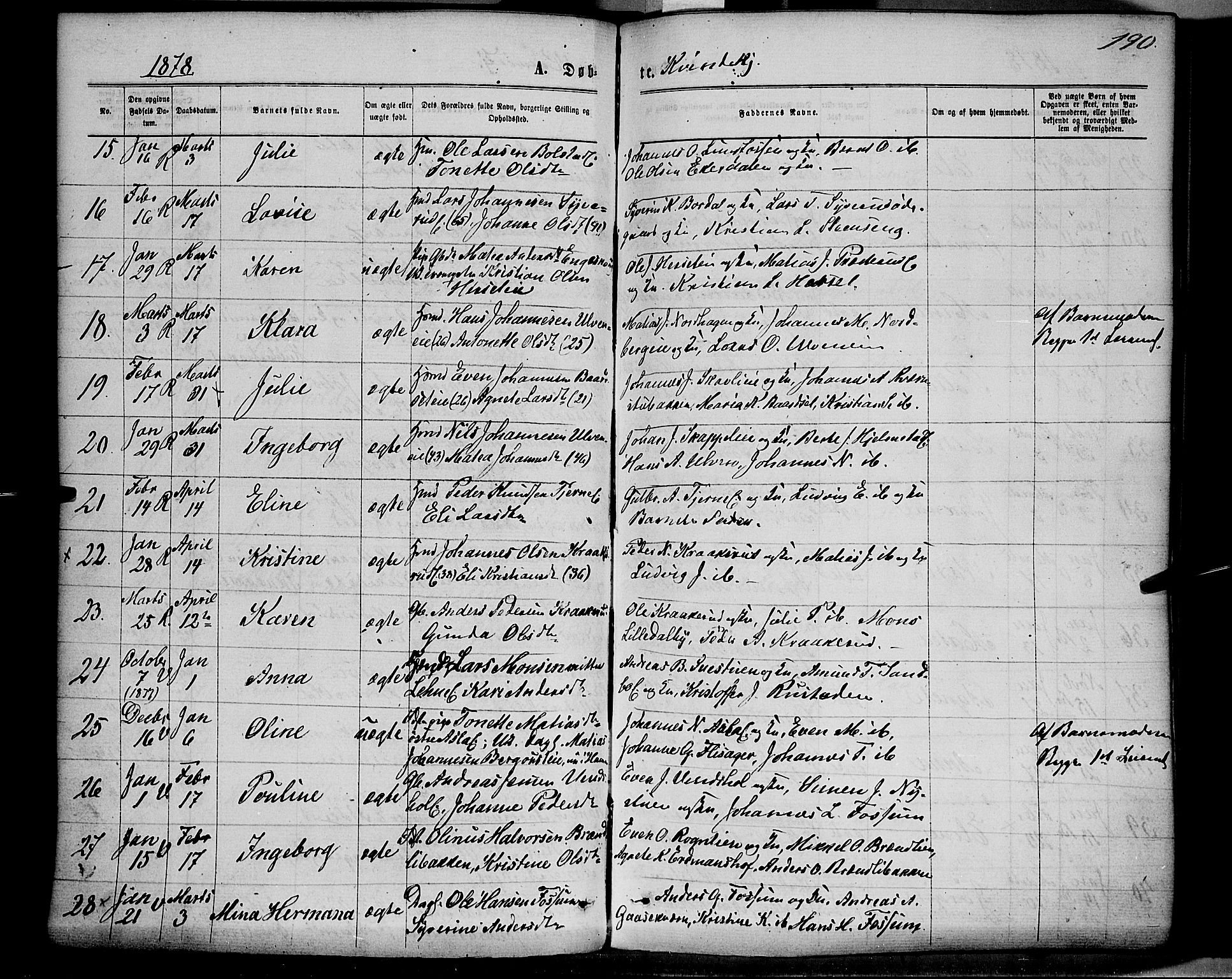 Ringsaker prestekontor, AV/SAH-PREST-014/K/Ka/L0011: Parish register (official) no. 11, 1870-1878, p. 190