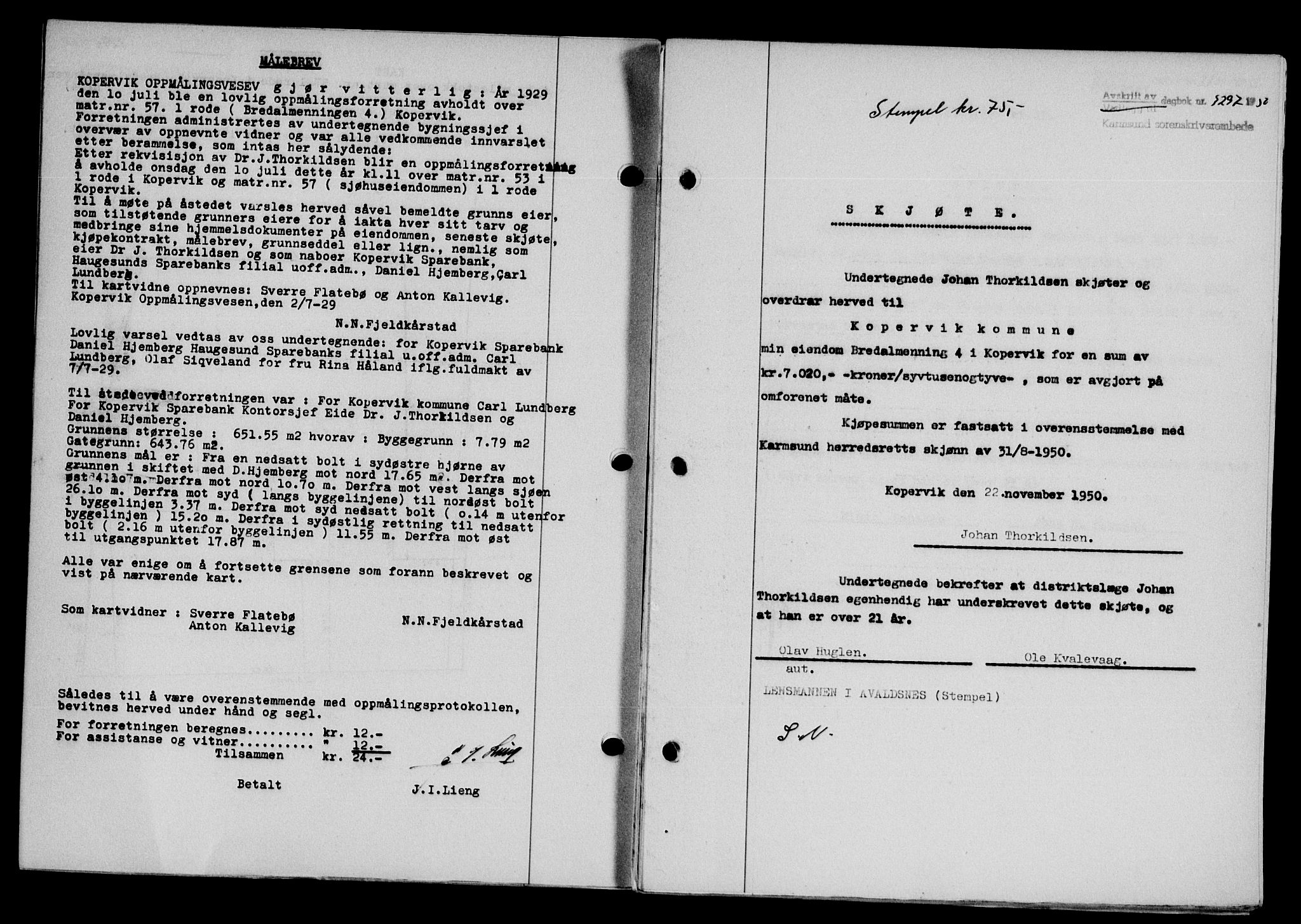 Karmsund sorenskriveri, SAST/A-100311/01/II/IIB/L0101: Mortgage book no. 81A, 1950-1951, Diary no: : 3297/1950