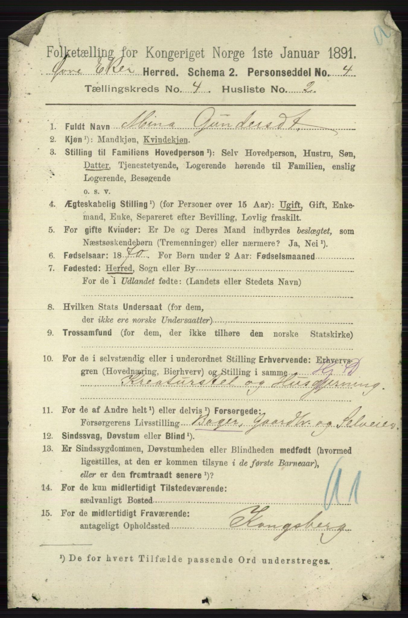 RA, 1891 census for 0624 Øvre Eiker, 1891, p. 1484