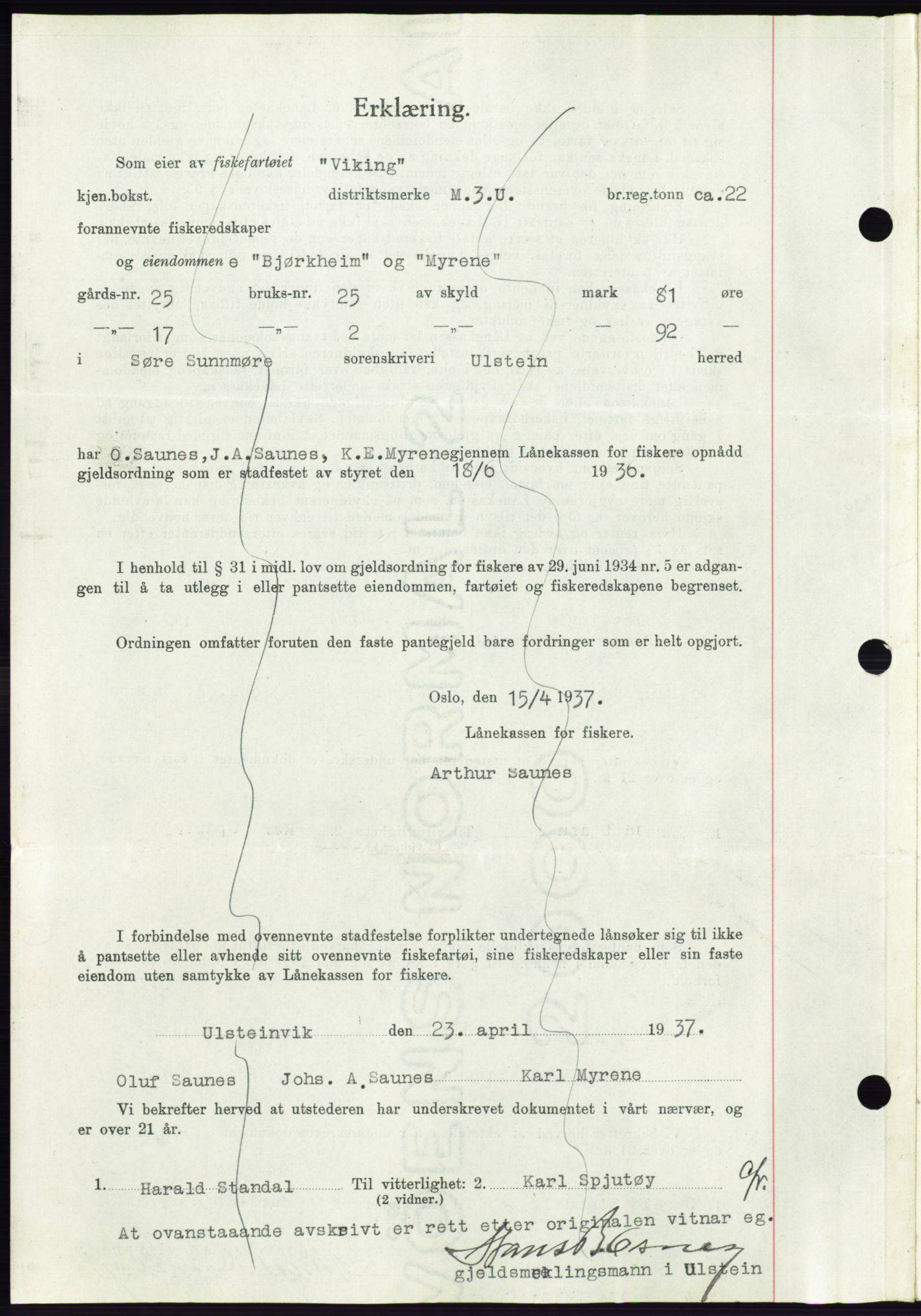 Søre Sunnmøre sorenskriveri, AV/SAT-A-4122/1/2/2C/L0063: Mortgage book no. 57, 1937-1937, Diary no: : 670/1937