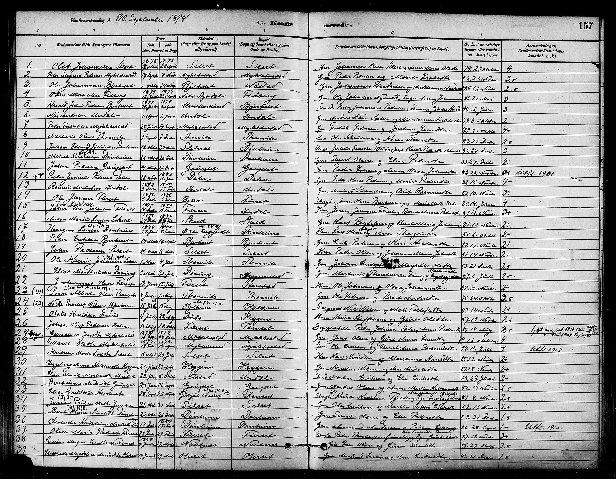Ministerialprotokoller, klokkerbøker og fødselsregistre - Møre og Romsdal, SAT/A-1454/584/L0967: Parish register (official) no. 584A07, 1879-1894, p. 157