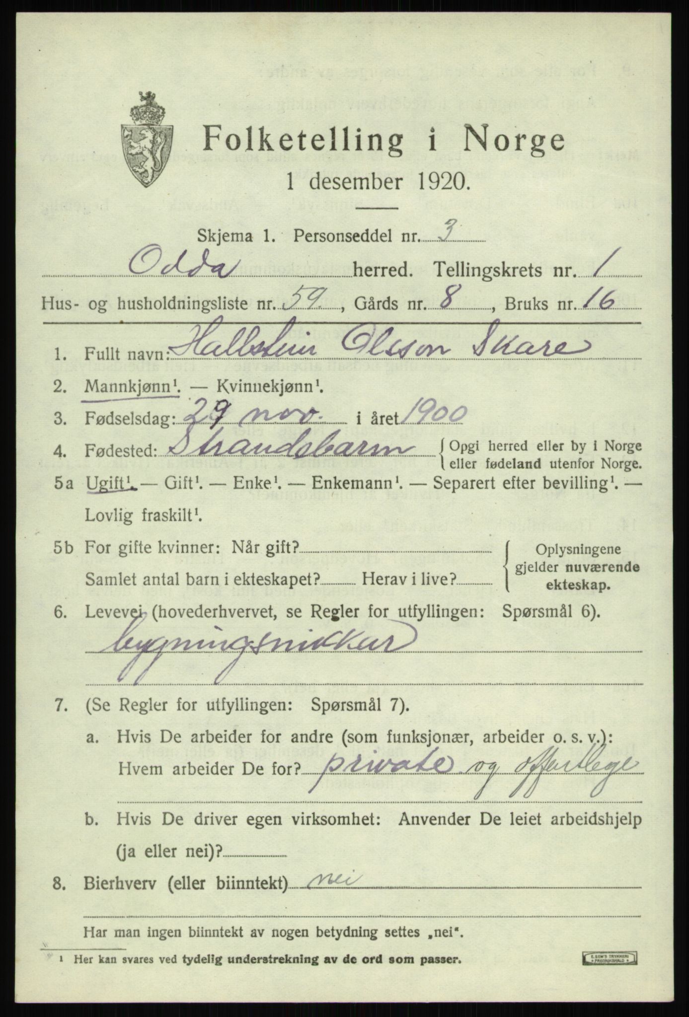 SAB, 1920 census for Odda, 1920, p. 1827