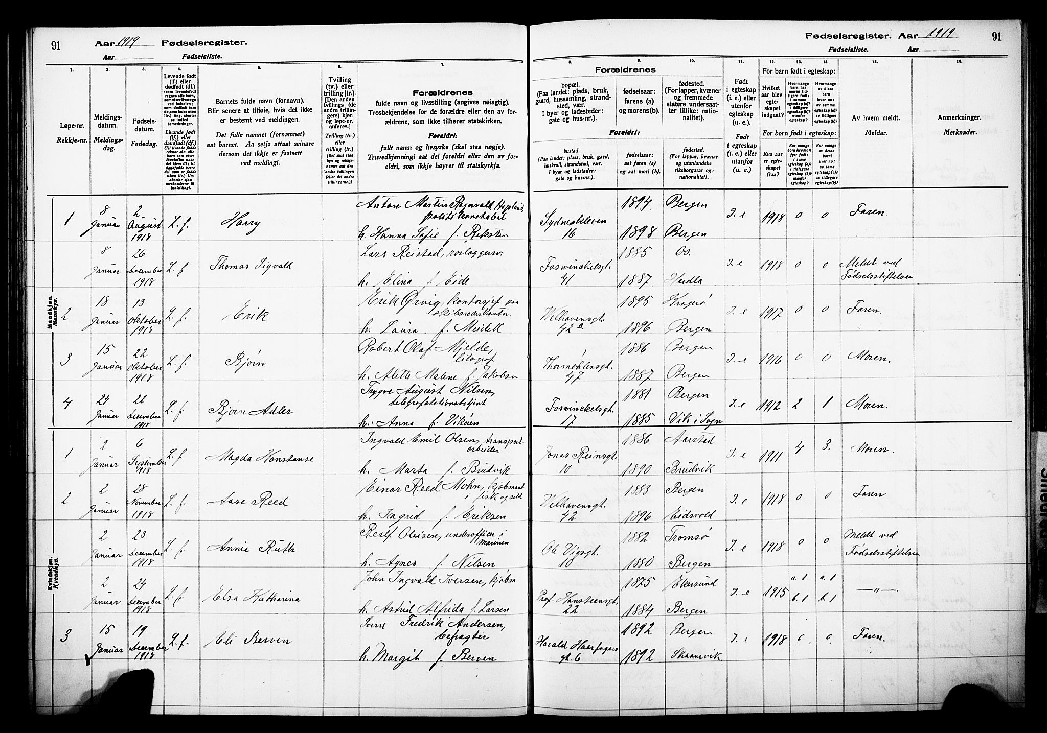 Johanneskirken sokneprestembete, SAB/A-76001/I/Id/L00A1: Birth register no. A 1, 1916-1924, p. 91