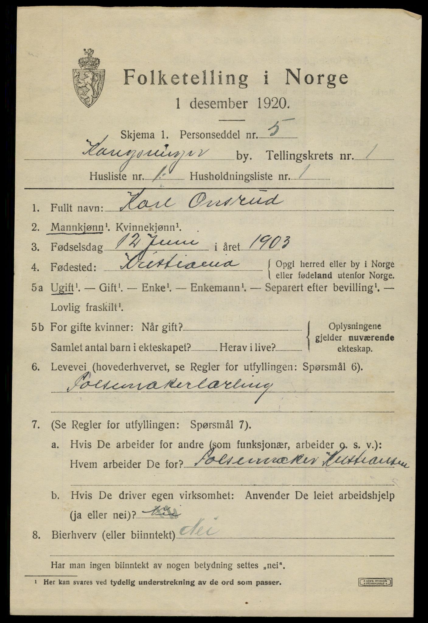 SAH, 1920 census for Kongsvinger, 1920, p. 1421