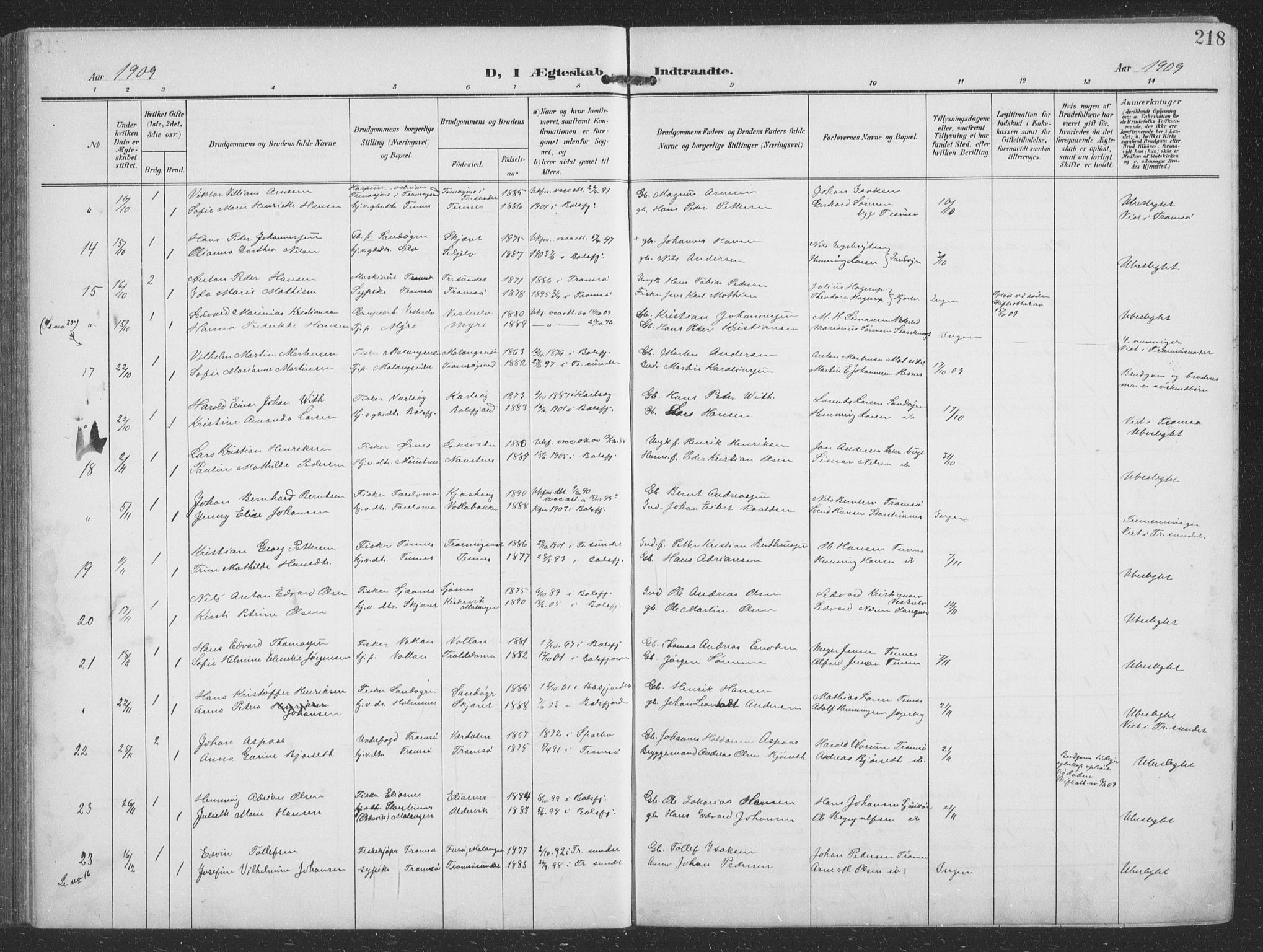 Balsfjord sokneprestembete, SATØ/S-1303/G/Ga/L0009klokker: Parish register (copy) no. 9, 1906-1920, p. 218