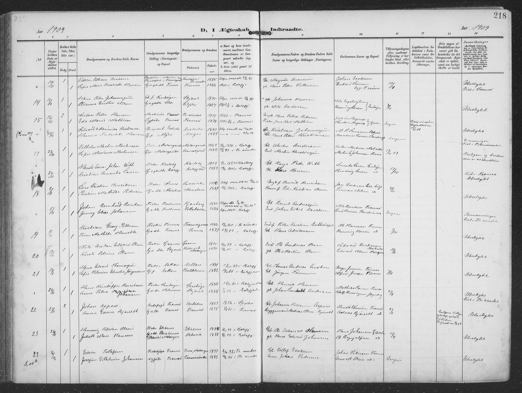 Balsfjord sokneprestembete, AV/SATØ-S-1303/G/Ga/L0009klokker: Parish register (copy) no. 9, 1906-1920, p. 218