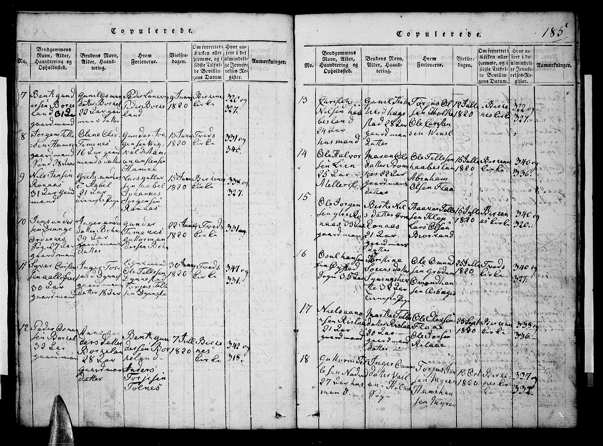 Tveit sokneprestkontor, AV/SAK-1111-0043/F/Fb/L0001: Parish register (copy) no. B 1, 1820-1834, p. 185