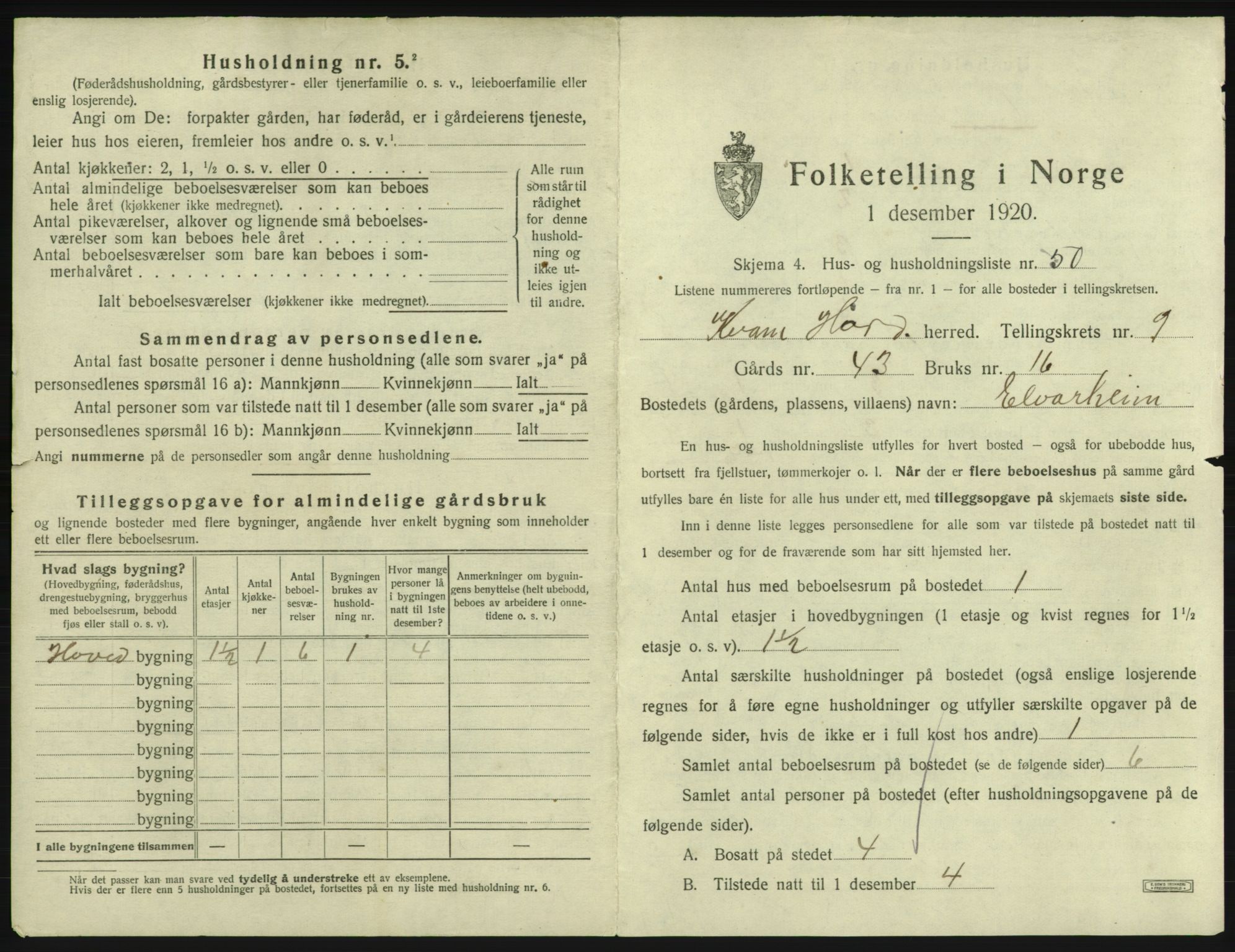 SAB, 1920 census for Kvam, 1920, p. 836