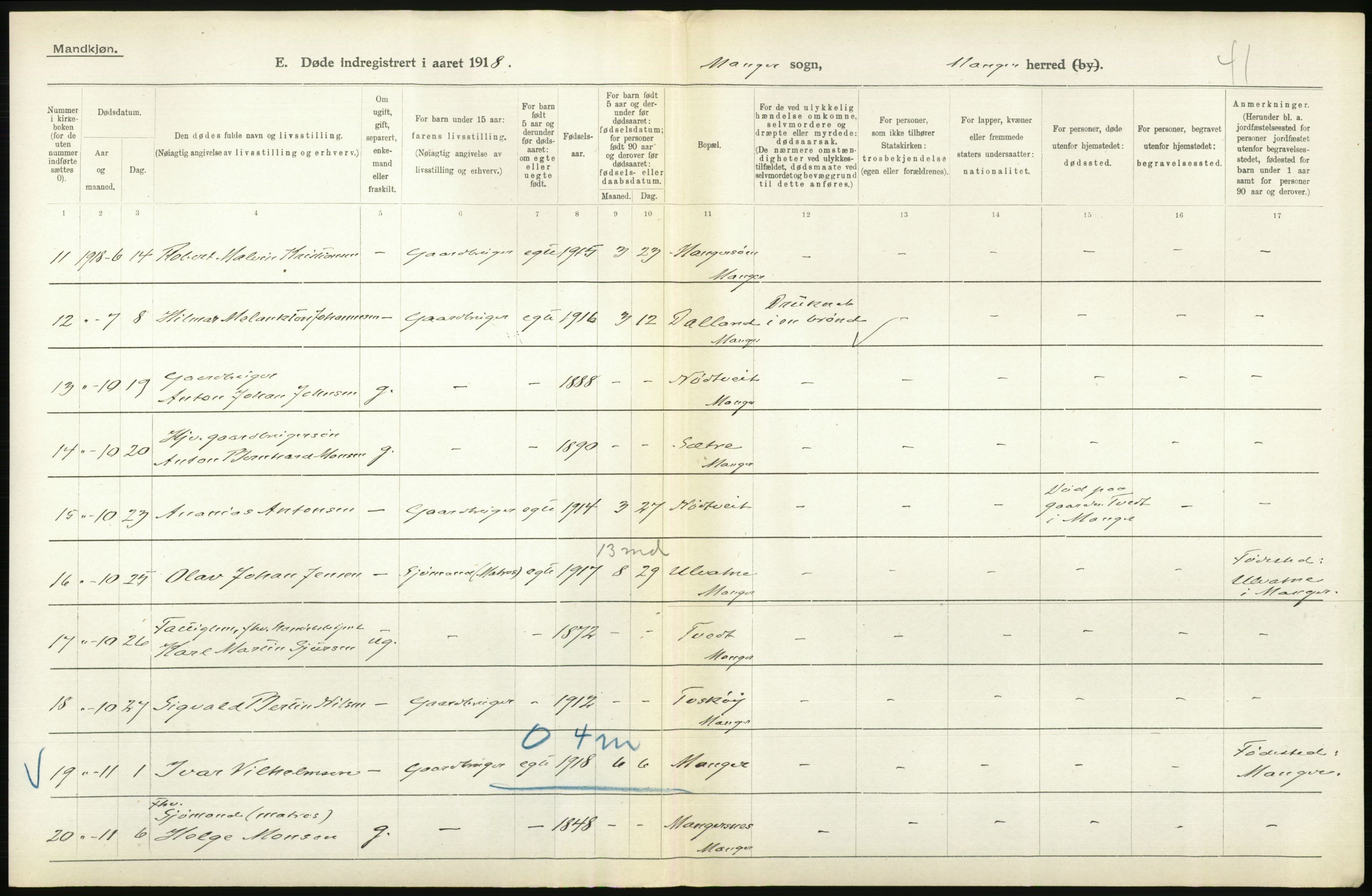 Statistisk sentralbyrå, Sosiodemografiske emner, Befolkning, AV/RA-S-2228/D/Df/Dfb/Dfbh/L0036: Hordaland fylke: Døde., 1918, p. 268