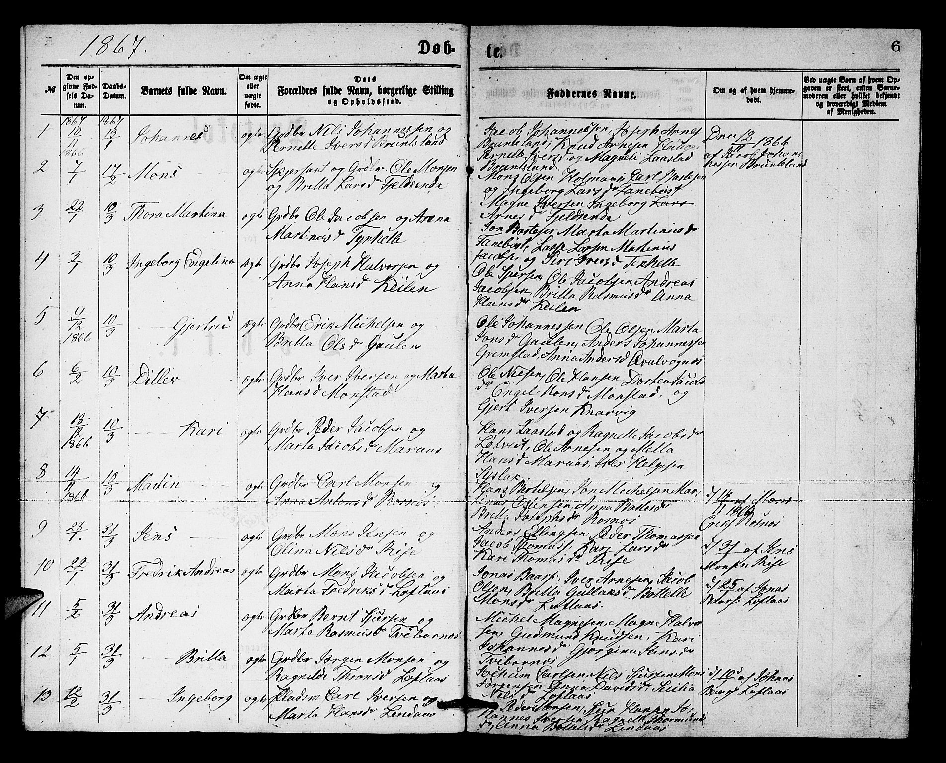 Lindås Sokneprestembete, SAB/A-76701/H/Hab: Parish register (copy) no. B 2, 1867-1885, p. 6