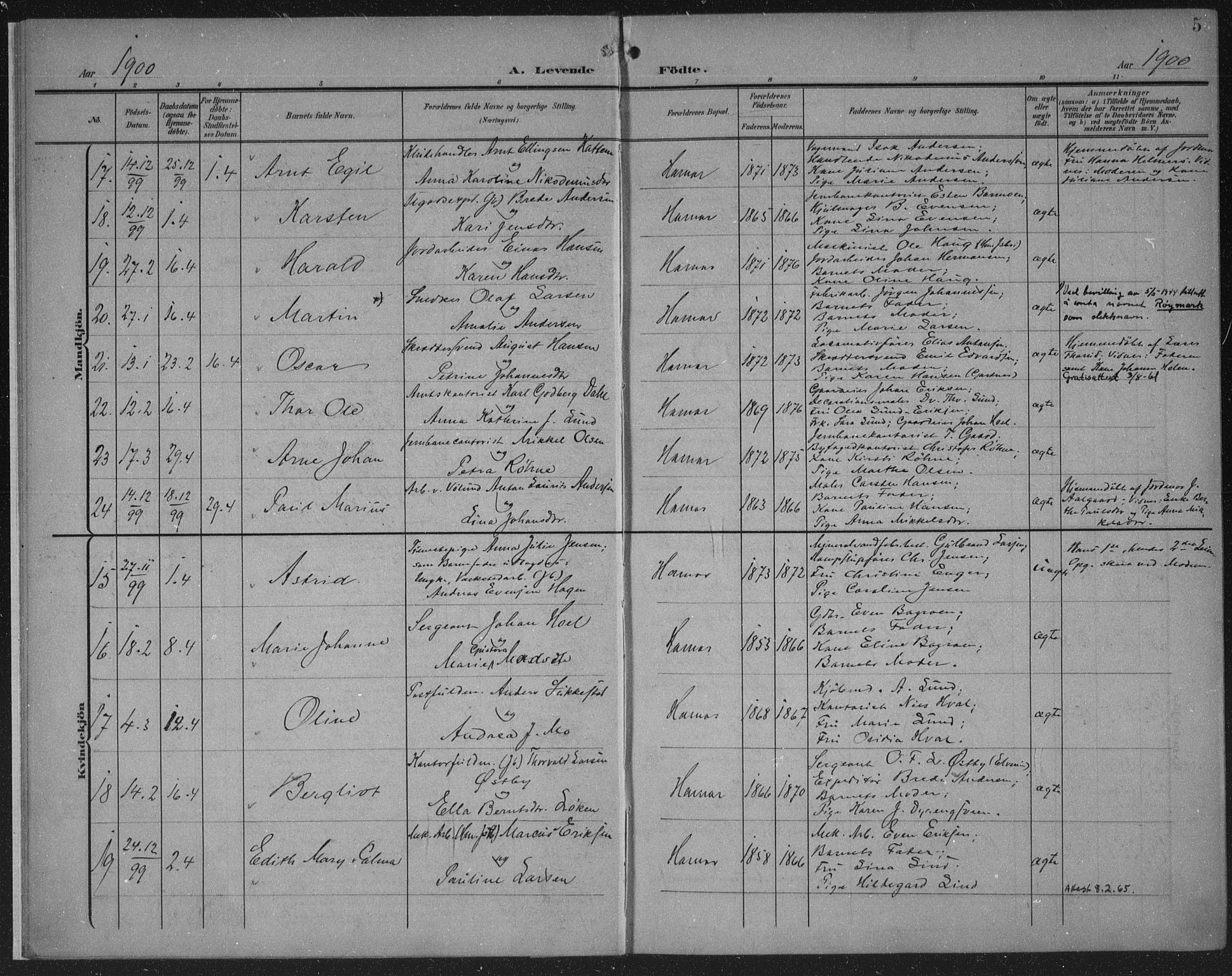 Hamar prestekontor, AV/SAH-DOMPH-002/H/Ha/Haa/L0001: Parish register (official) no. 1, 1900-1914, p. 5