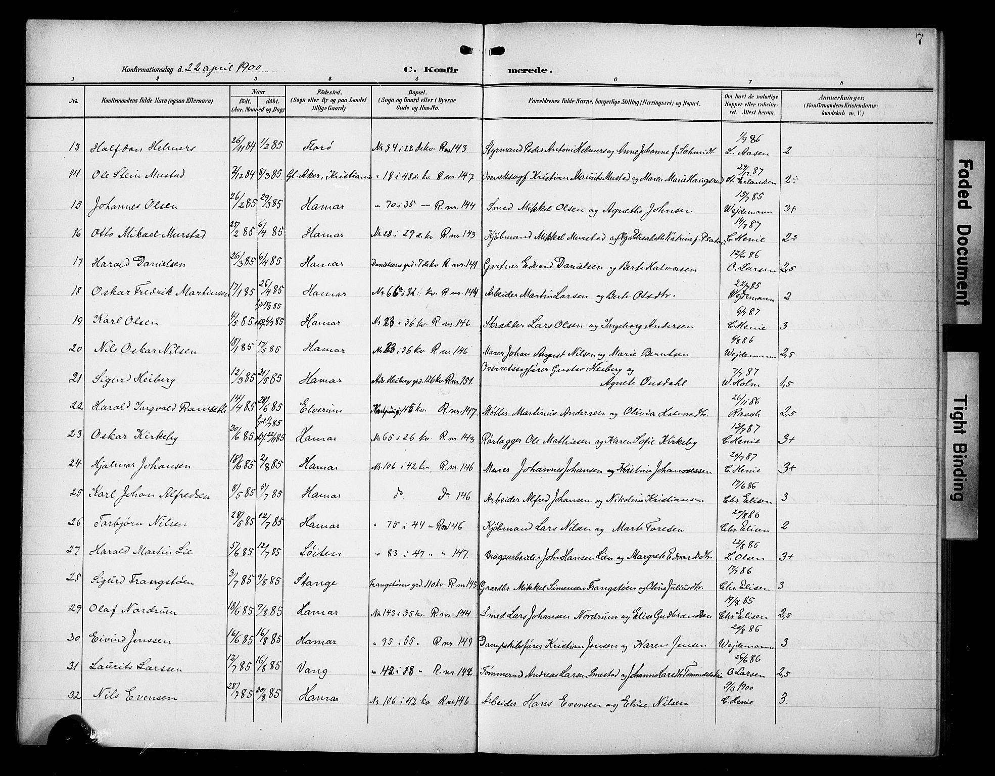 Hamar prestekontor, SAH/DOMPH-002/H/Ha/Hab/L0002: Parish register (copy) no. 2, 1899-1929, p. 7