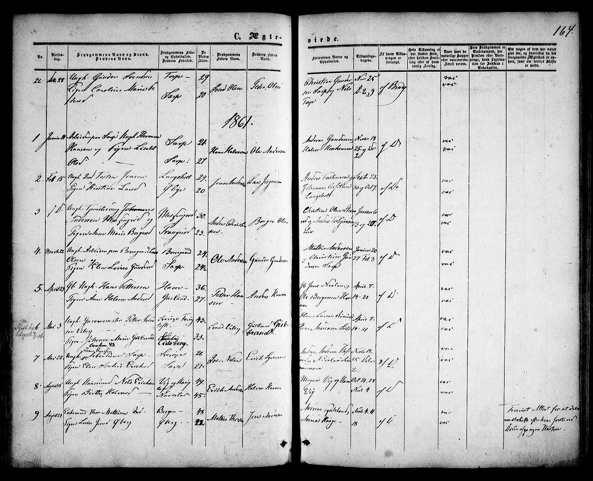 Skjeberg prestekontor Kirkebøker, SAO/A-10923/F/Fa/L0007: Parish register (official) no. I 7, 1859-1868, p. 164