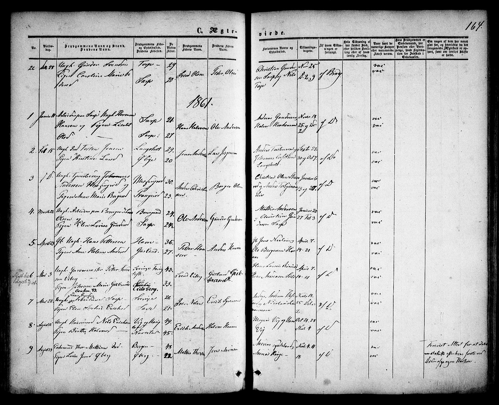Skjeberg prestekontor Kirkebøker, AV/SAO-A-10923/F/Fa/L0007: Parish register (official) no. I 7, 1859-1868, p. 164