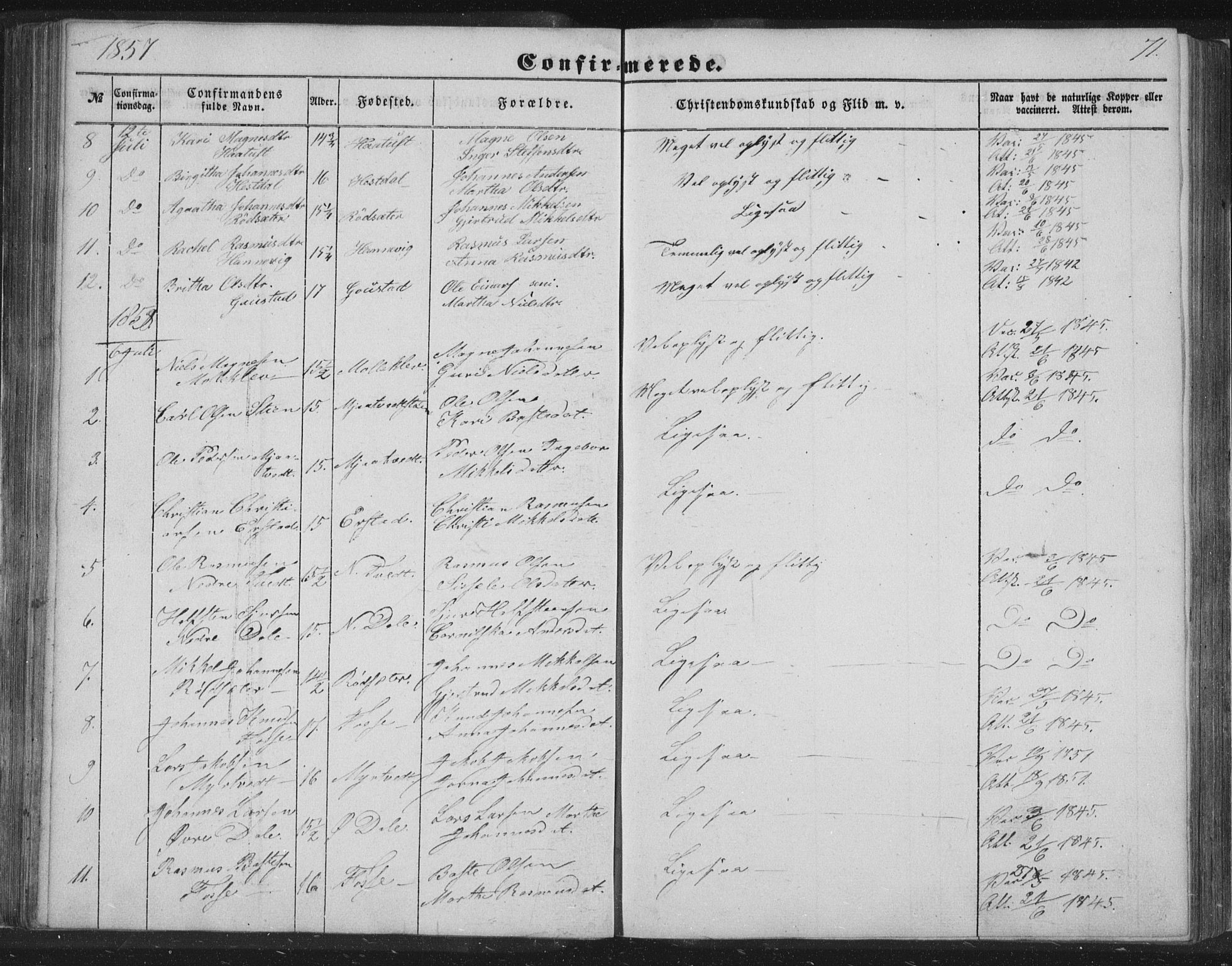 Alversund Sokneprestembete, SAB/A-73901/H/Ha/Hab: Parish register (copy) no. C 1, 1851-1866, p. 71