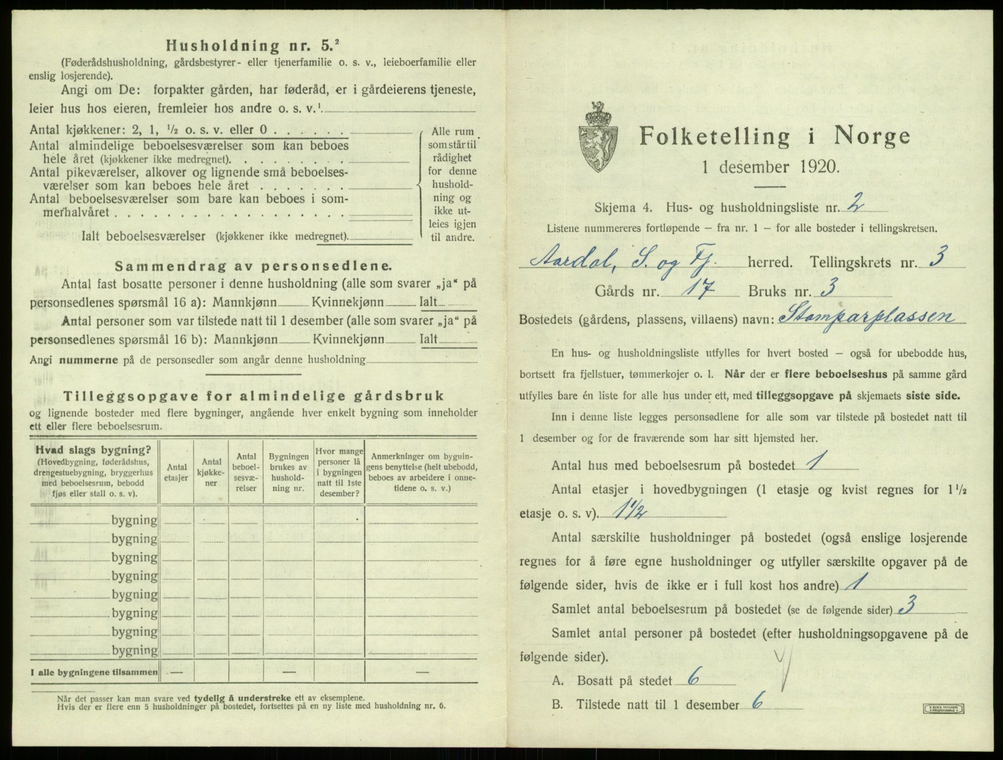 SAB, 1920 census for Årdal, 1920, p. 200