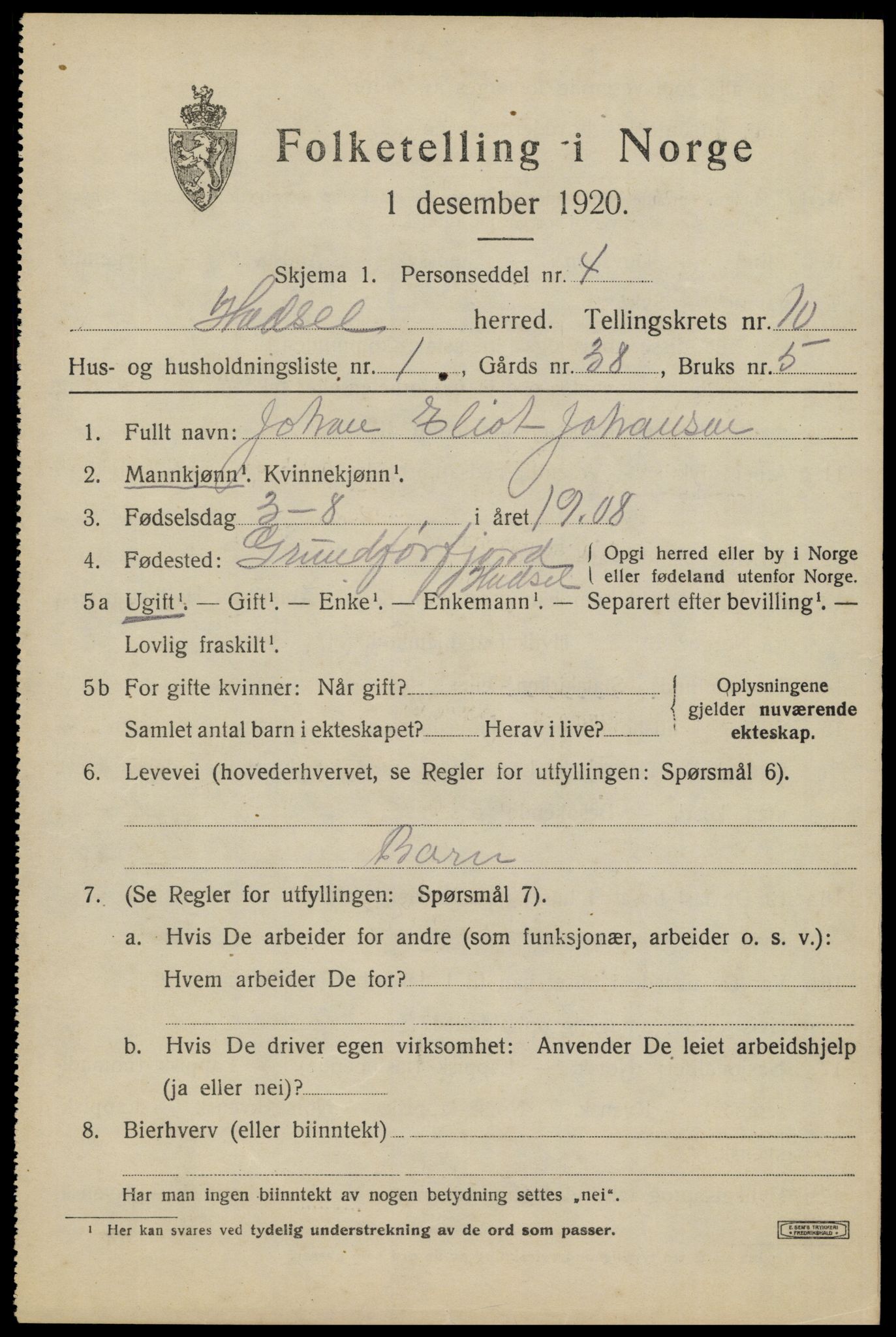 SAT, 1920 census for Hadsel, 1920, p. 8134