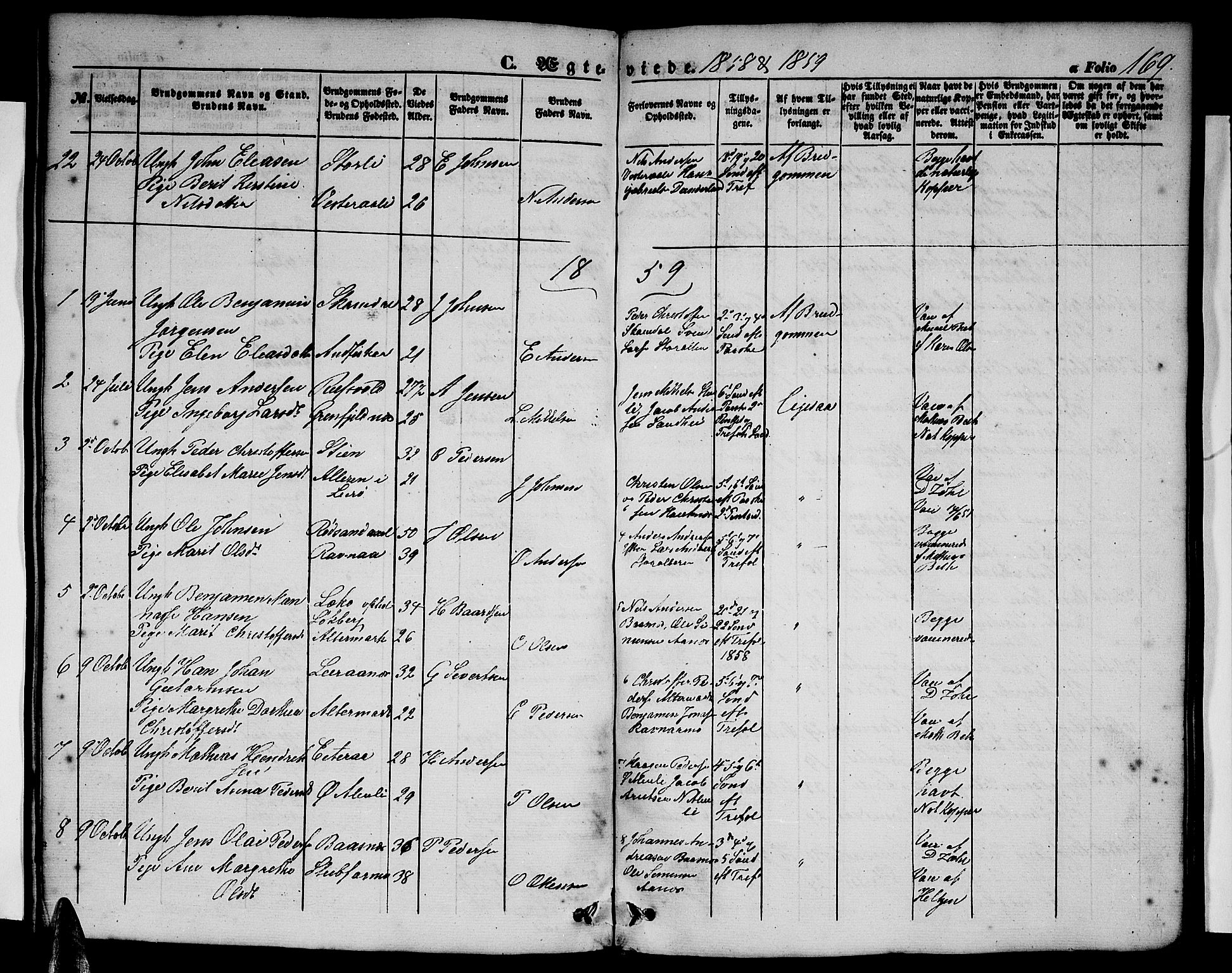 Ministerialprotokoller, klokkerbøker og fødselsregistre - Nordland, SAT/A-1459/827/L0414: Parish register (copy) no. 827C03, 1853-1865, p. 169