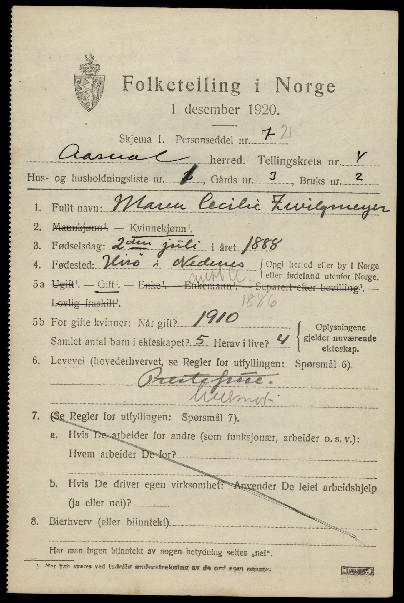 SAK, 1920 census for Åseral, 1920, p. 1188