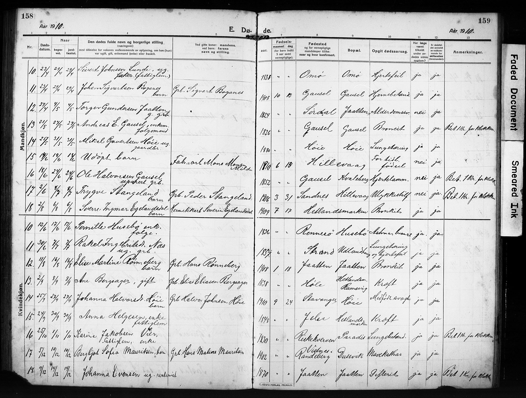 Hetland sokneprestkontor, SAST/A-101826/30/30BB/L0009: Parish register (copy) no. B 9, 1910-1931, p. 158-159