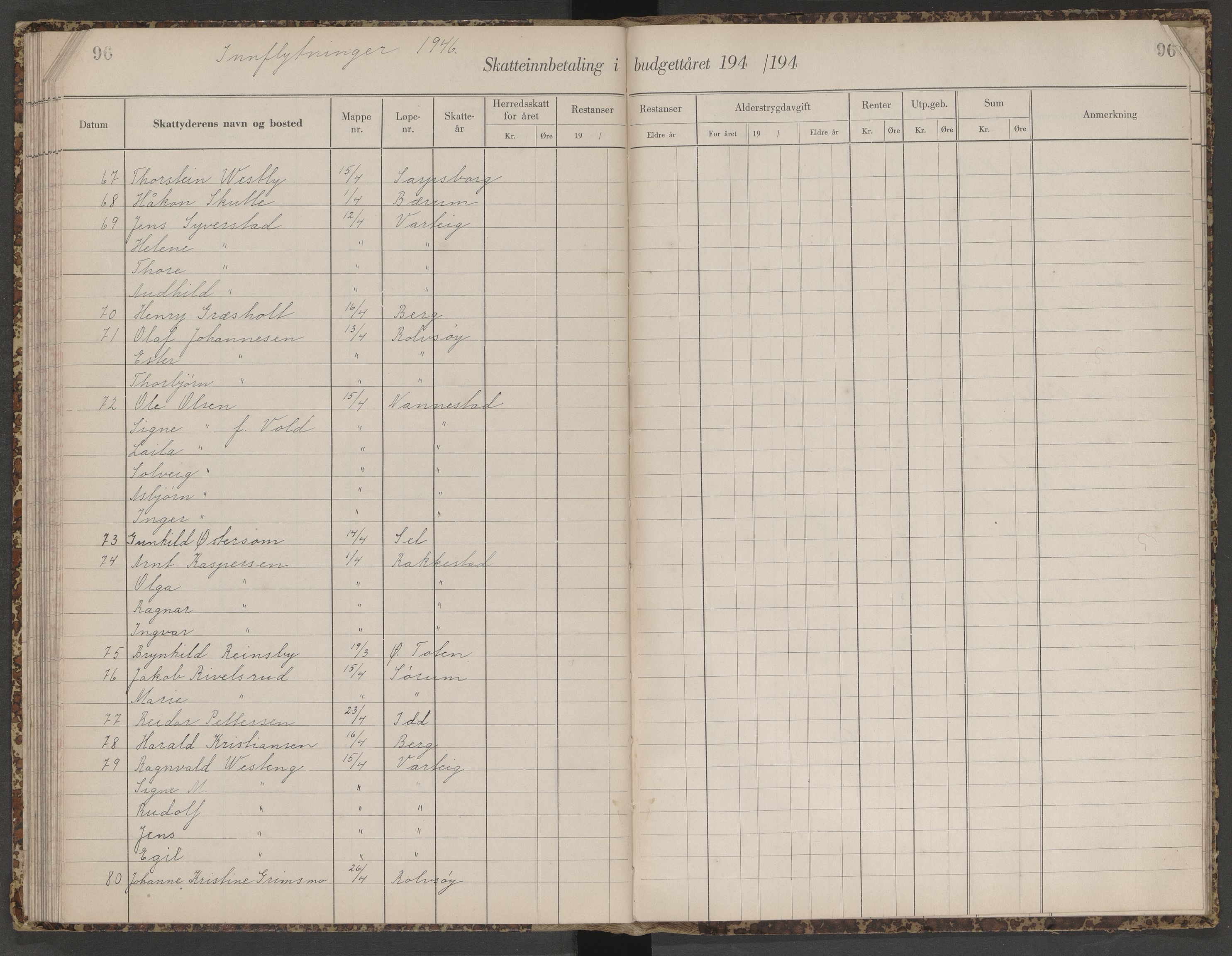 Skjeberg folkeregister, AV/SAO-A-10495/K/Ka/L0003: Fortegnelse over inn- og utflyttede, 1943-1947, p. 96