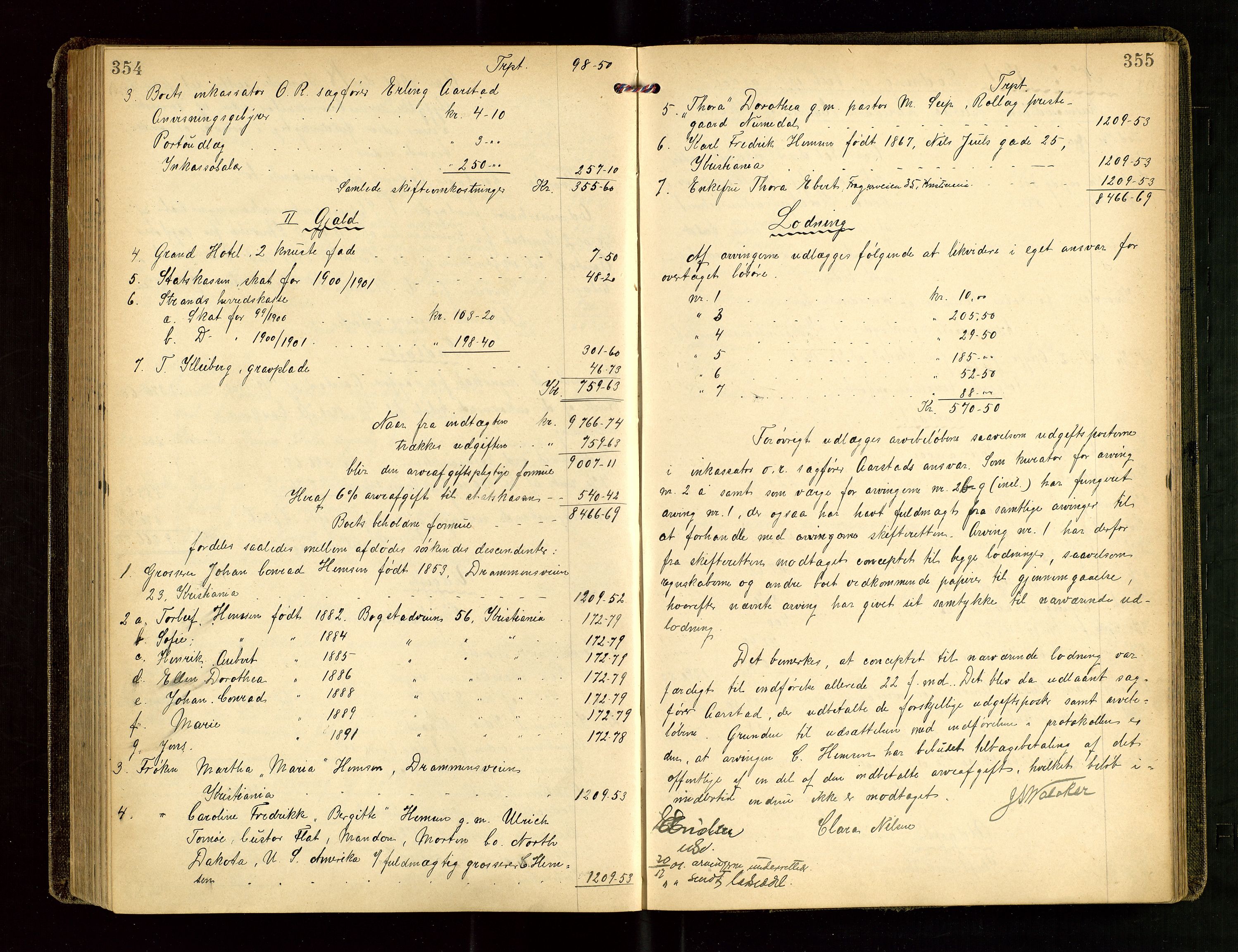 Ryfylke tingrett, AV/SAST-A-100055/001/IV/IVG/L0001: Skifteutlodningsprotokoll Med register, 1899-1903, p. 354-355