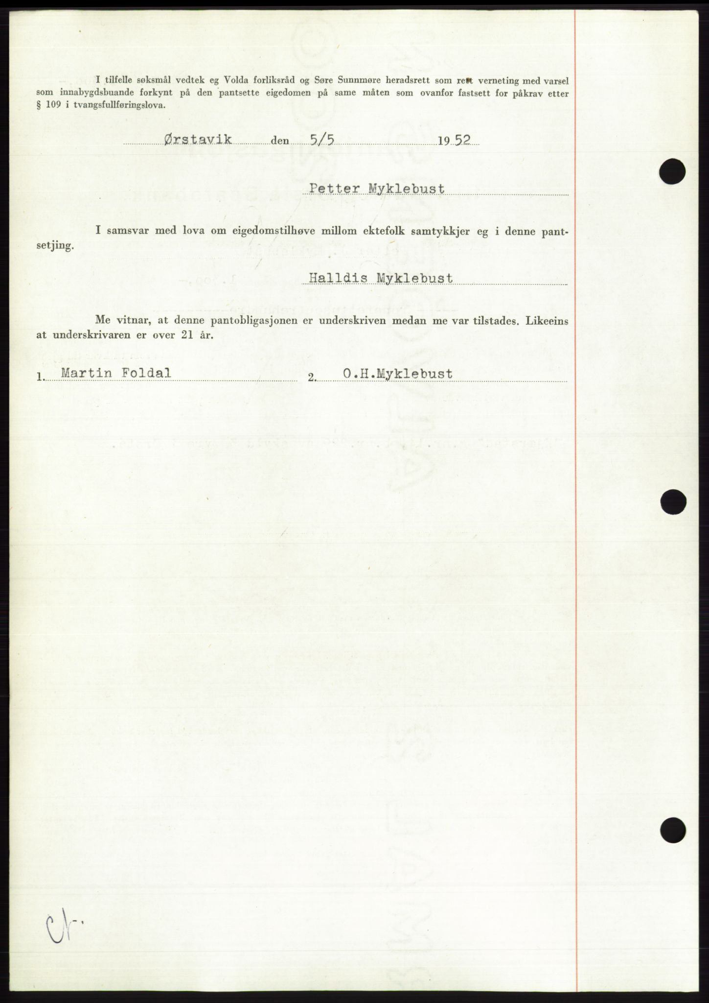 Søre Sunnmøre sorenskriveri, AV/SAT-A-4122/1/2/2C/L0121: Mortgage book no. 9B, 1951-1952, Diary no: : 865/1952