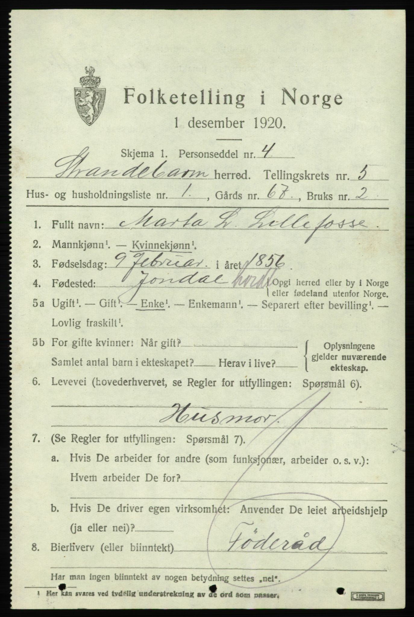 SAB, 1920 census for Strandebarm, 1920, p. 3774