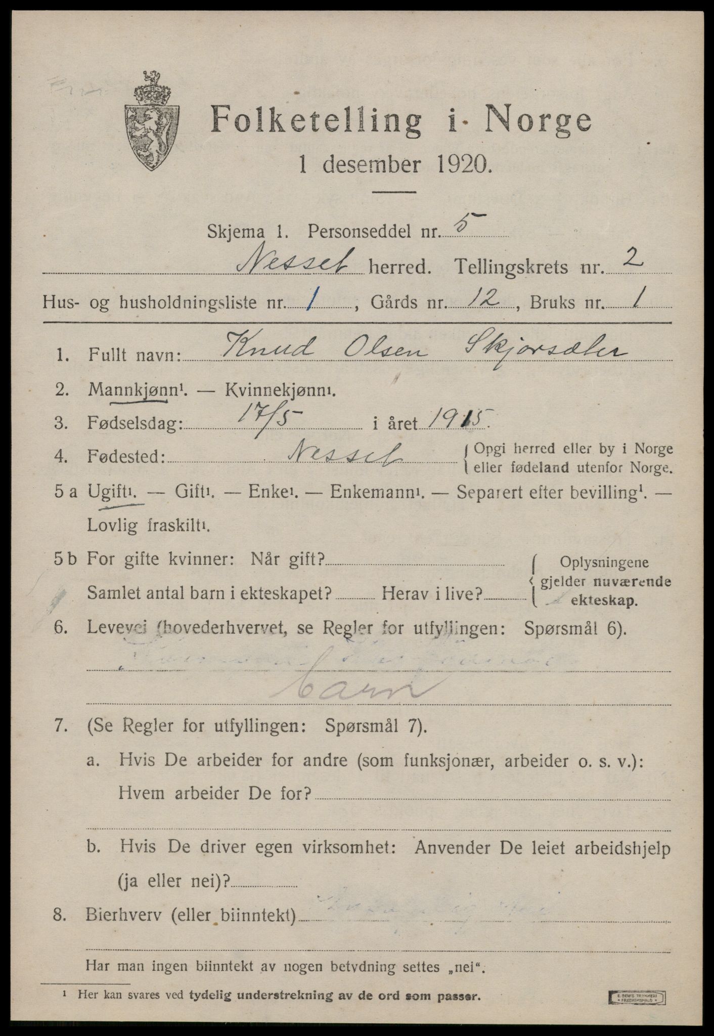 SAT, 1920 census for Nesset, 1920, p. 998