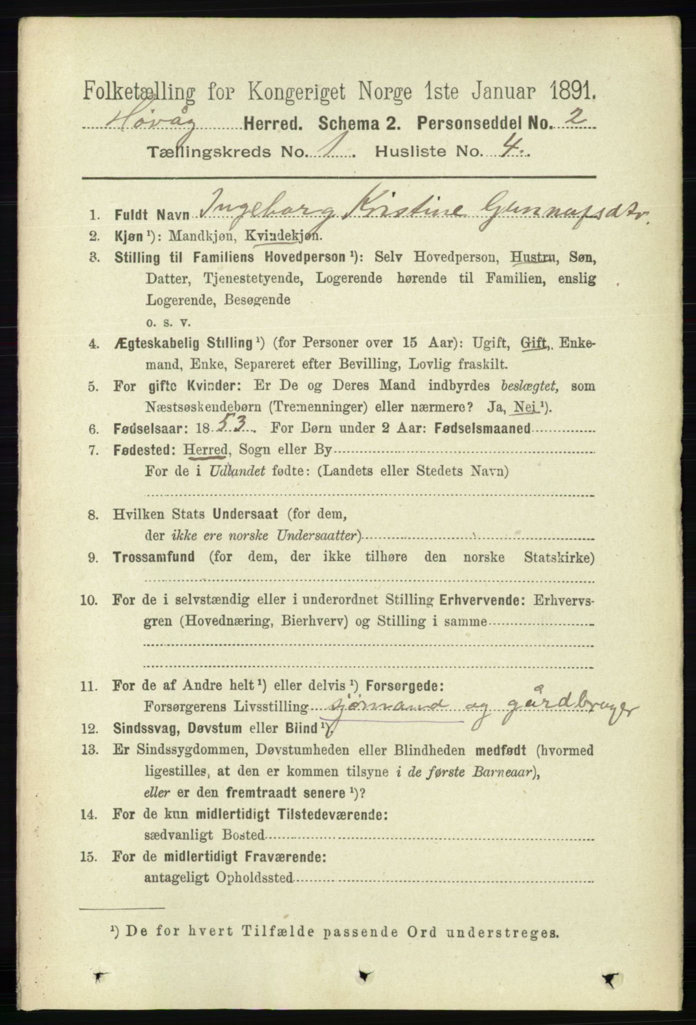 RA, 1891 census for 0927 Høvåg, 1891, p. 107